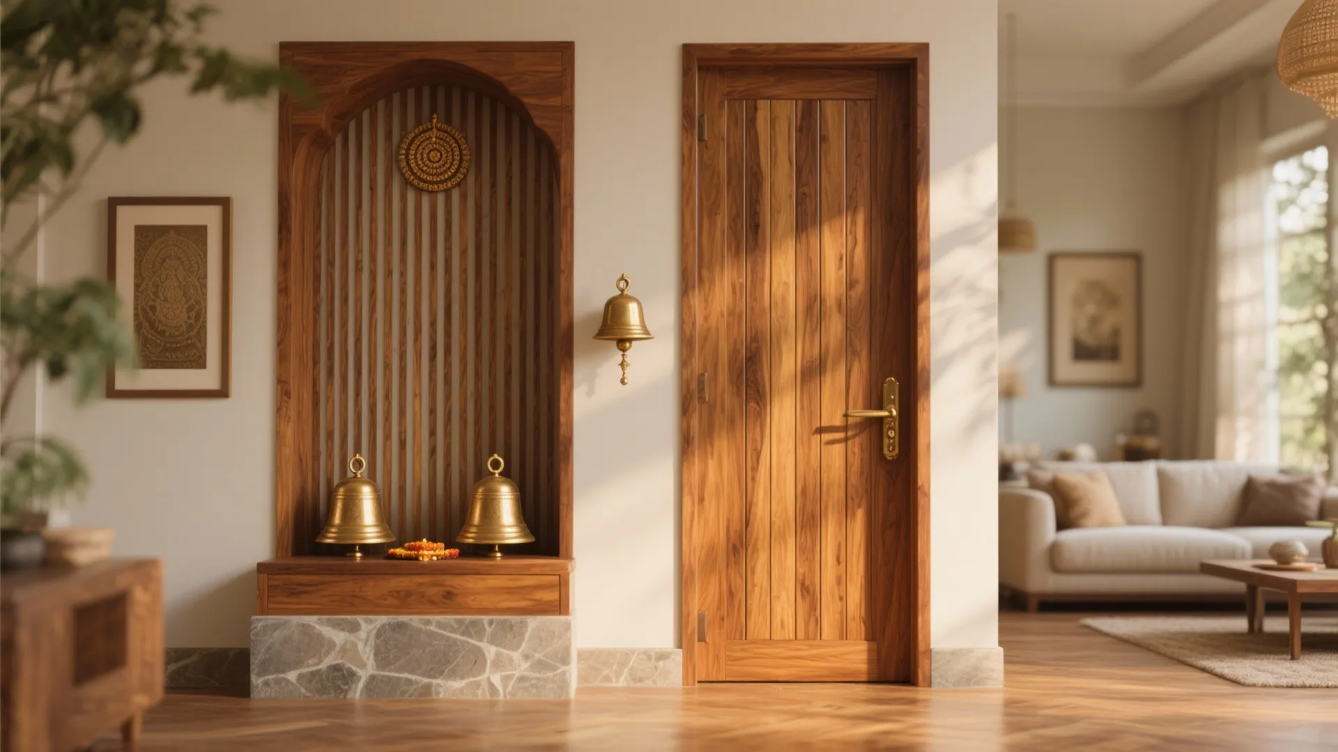 Solid Wood Slatted Single Door with Bell Accents