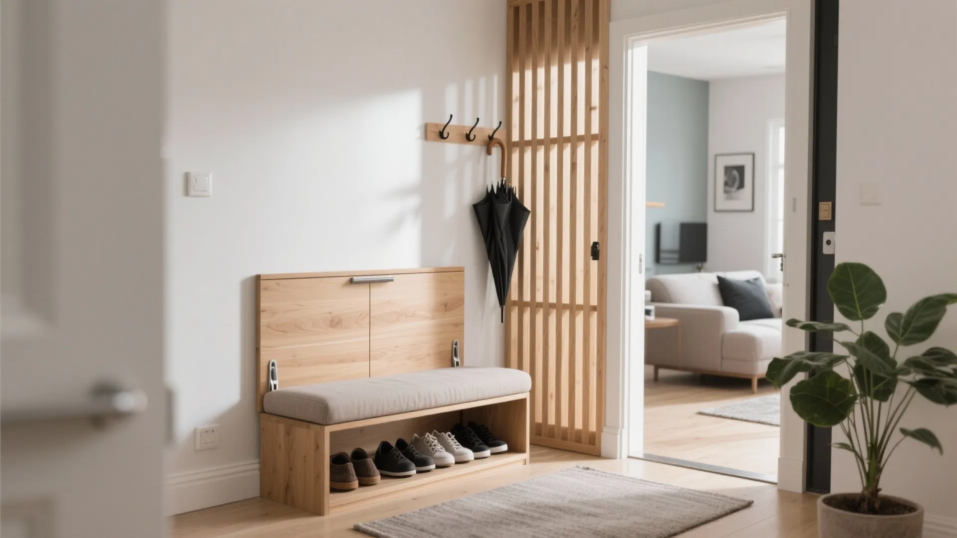 Wooden entryway shoe bench with cushion next to a wood wall divider and green plant