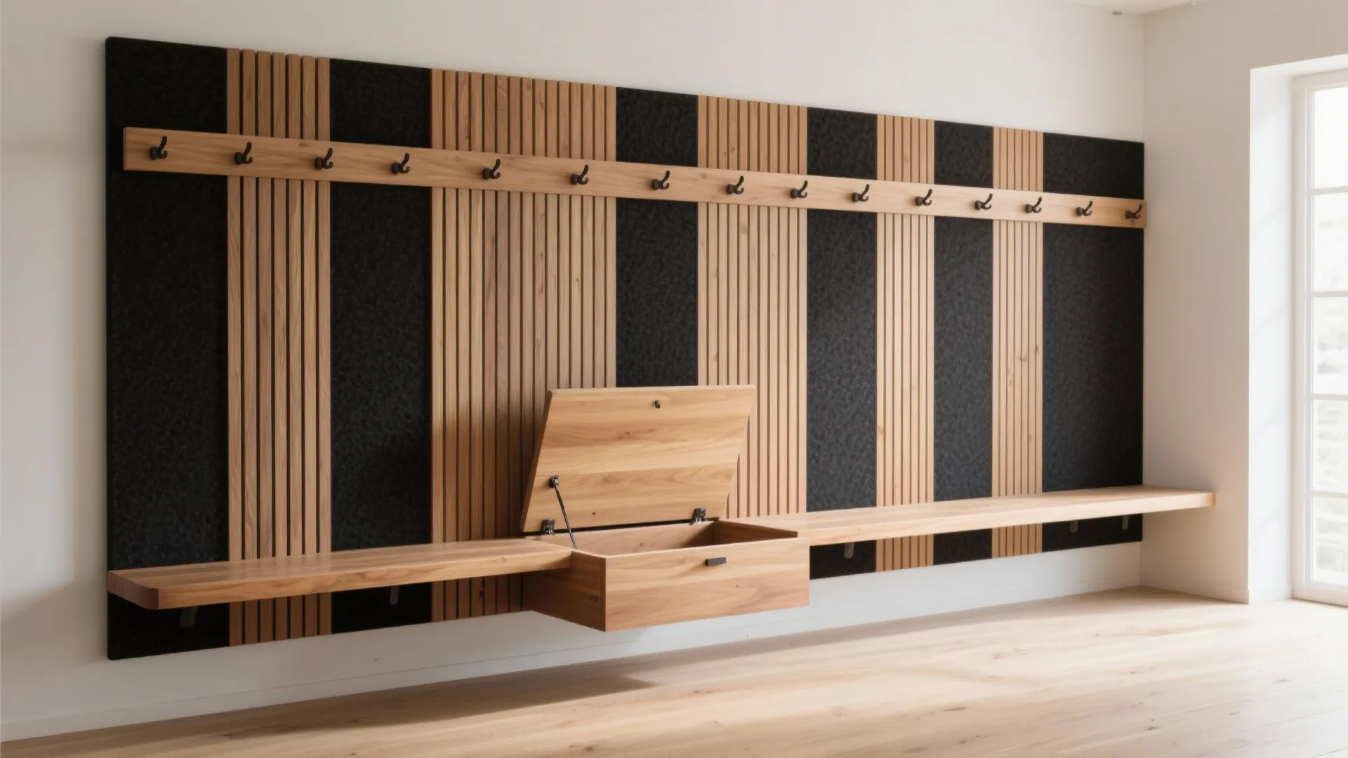 Modern hallway wall panel with coat hooks floating wood bench and open storage box drawer