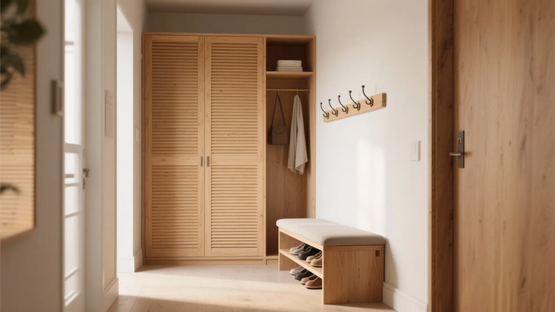 5) Warm Wood Slat Cupboard with Bench and Hooks