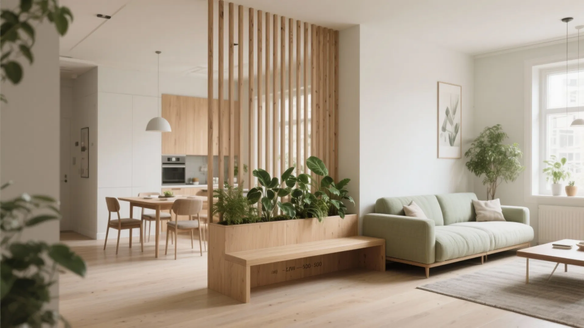 Slatted Wood Screen with a Built‑In Bench or Planter