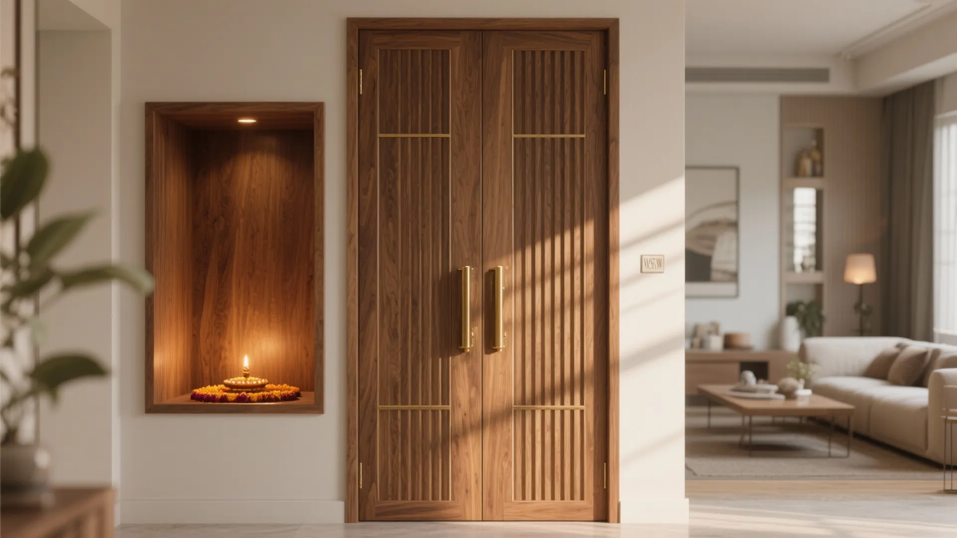 Modern wood double doors with gold handles next to a lit wall niche and sofa