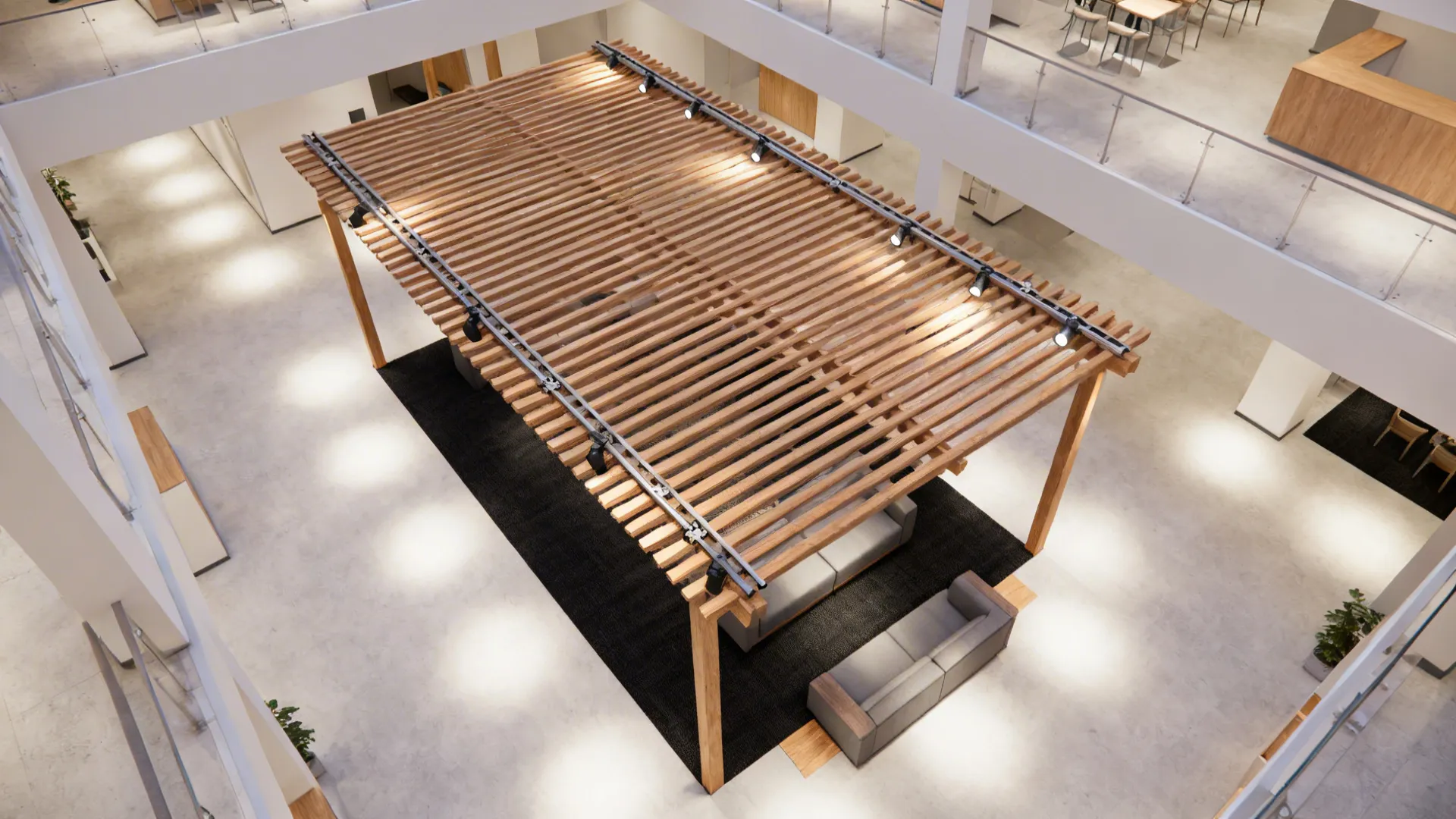 Top-down view of a lounge zone with timber slat canopy, showing slat spacing and track light layout.
