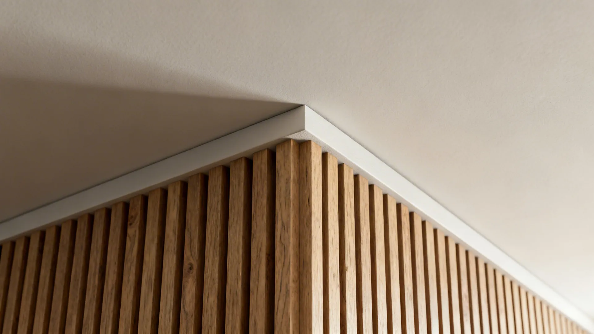Macro of slim vertical slats and clean top cap aligning to the ceiling.