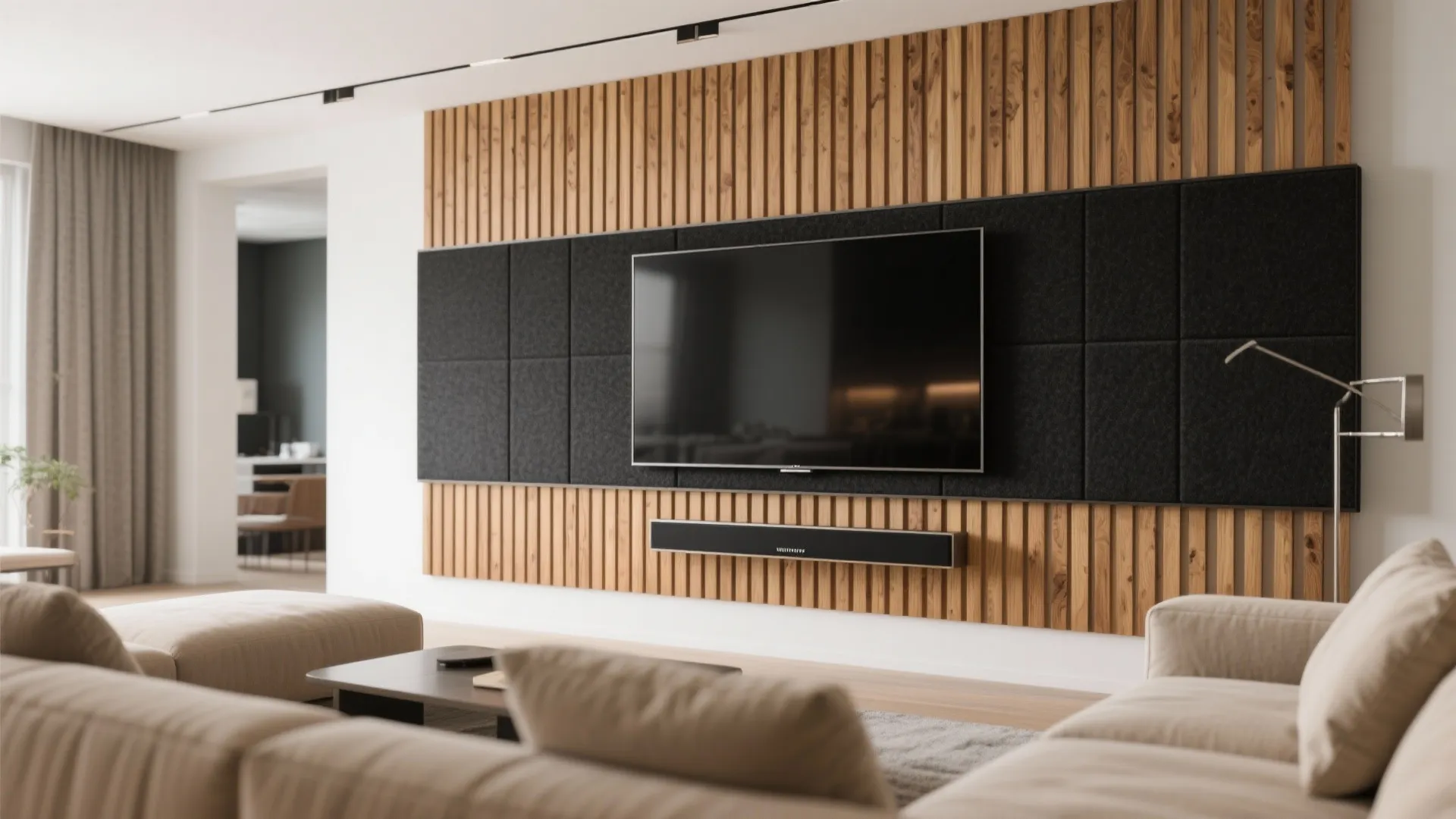 Textured Slat or Acoustic Fabric Wall with Integrated Soundbar