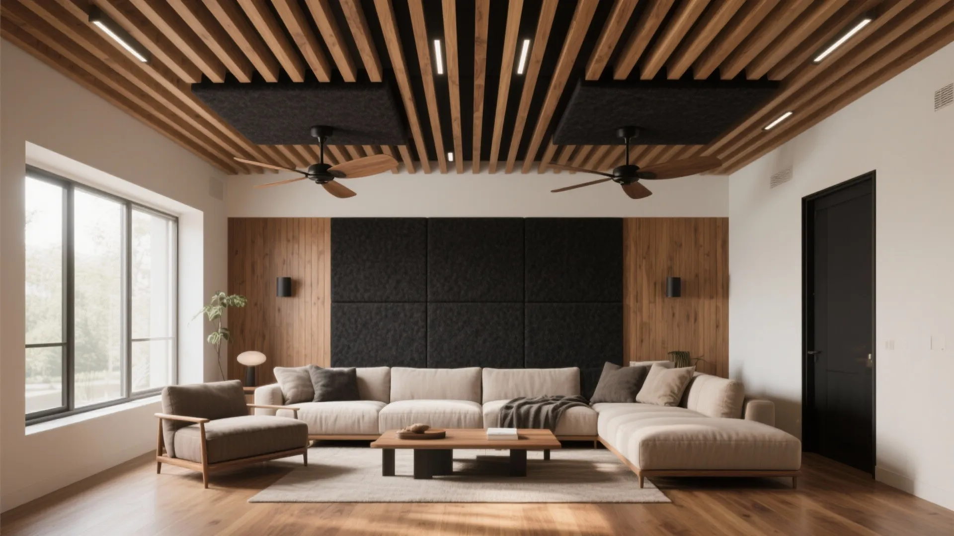 Slatted acoustic ceiling frames two fans