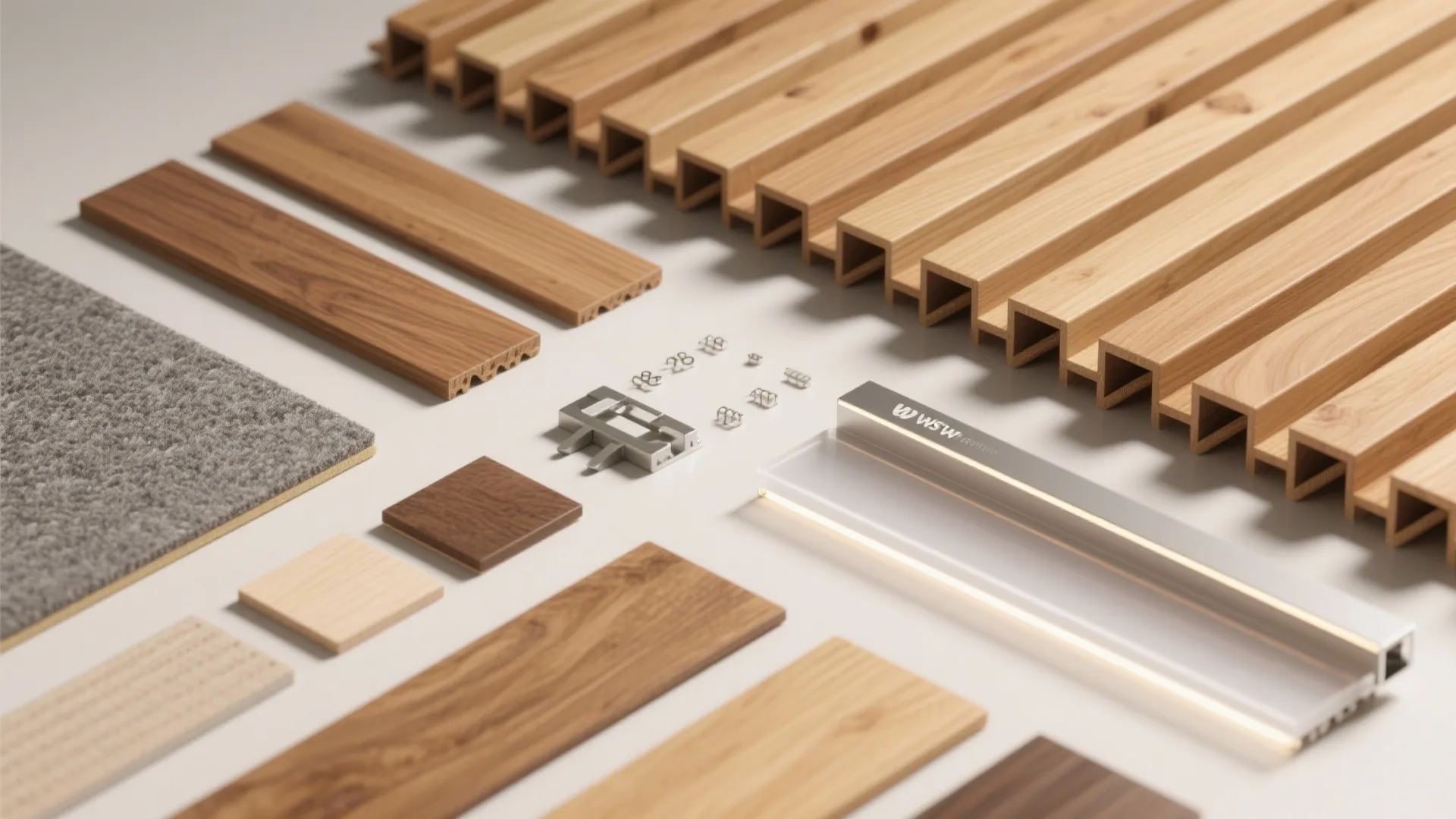 2) Linear slat feature ceiling in warm wood tones