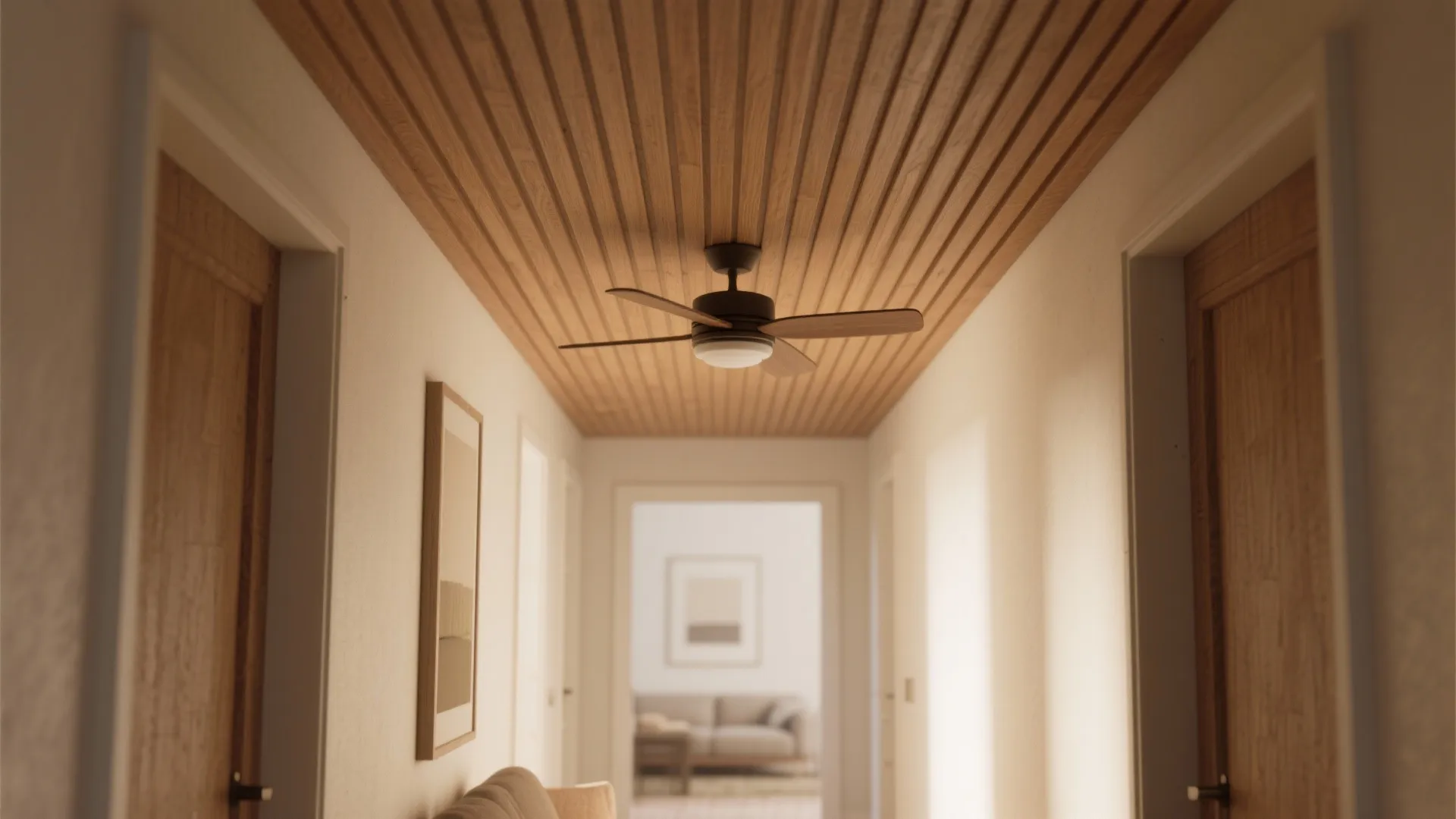 Textured ceiling panels with a central flush-mount fan