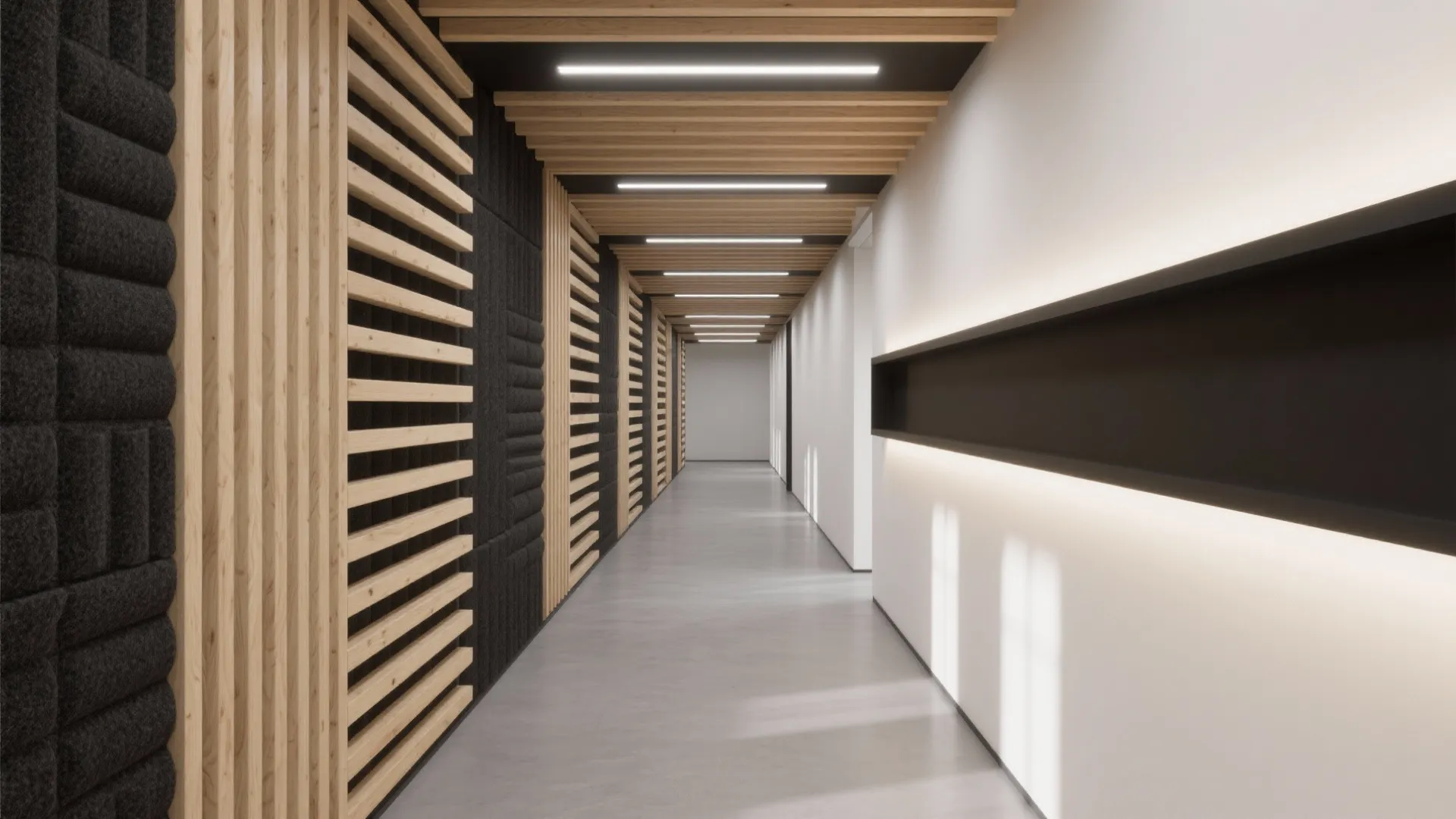 Plywood Slat Wall and Ceiling with Integrated Lighting