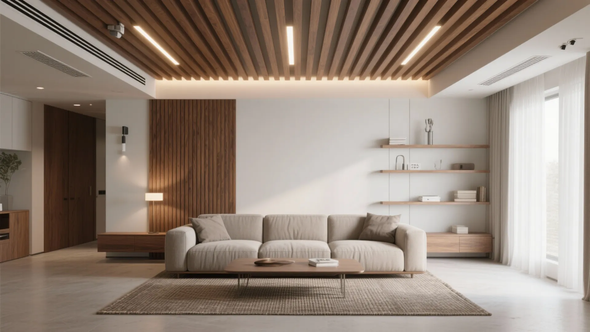 Modern living room with slim wood slat ceiling and linear LEDs, aligned to the longest wall.