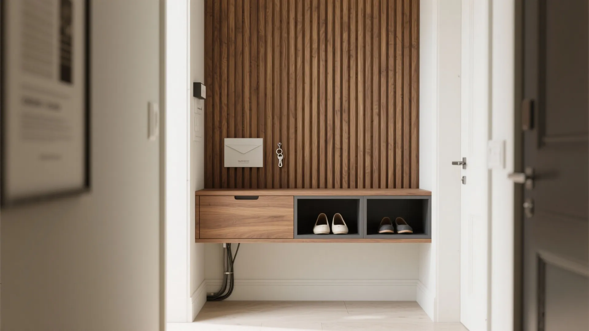 Minimalist storage wall with slats and a slim console
