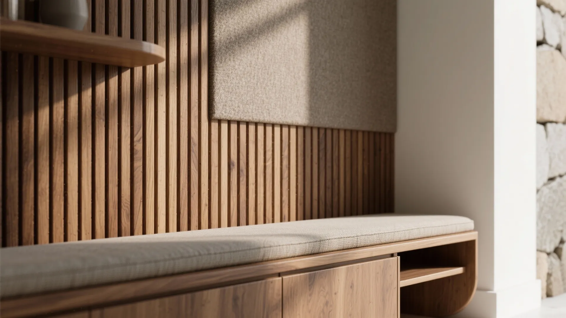 Warm Wood Slats and Soft Curves That Calm the Foyer