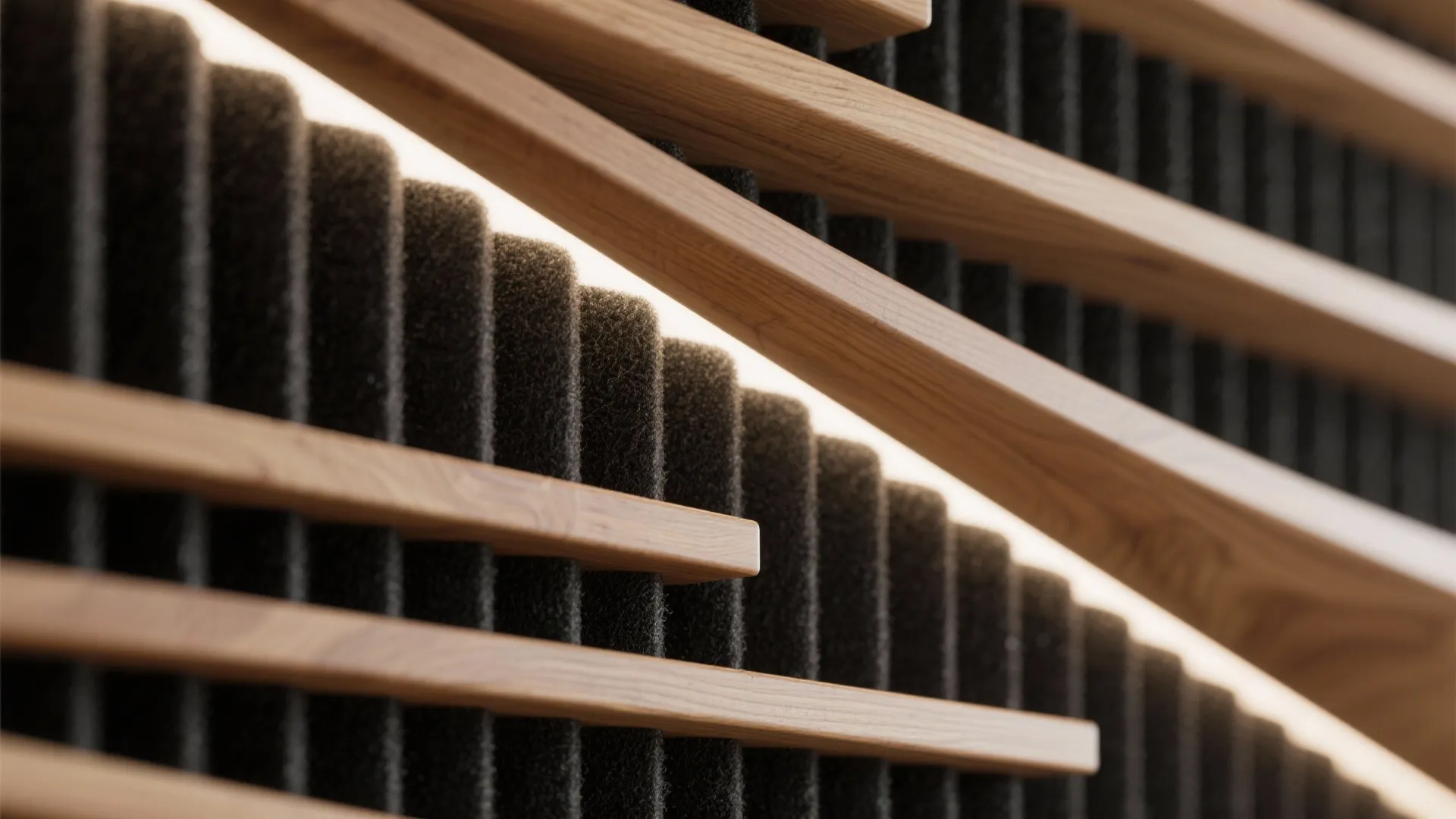 Macro detail of oak slats over black acoustic felt with integrated warm LED channel.