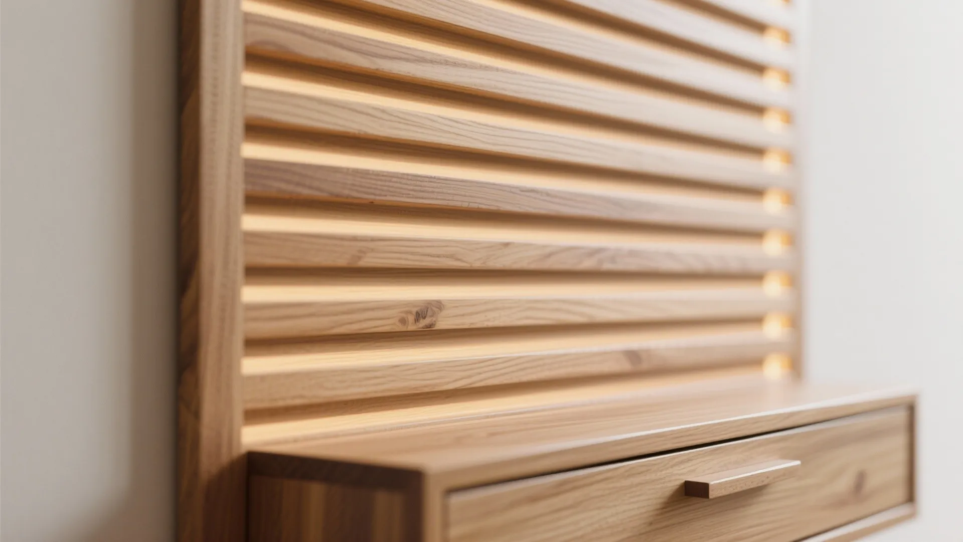 Macro of oak slat panel with matte sealed finish and soft LED glow.