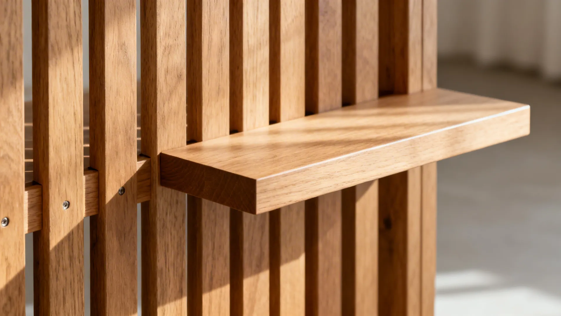 Macro view of oak slats and shelf showing precise gaps and rich wood grain.