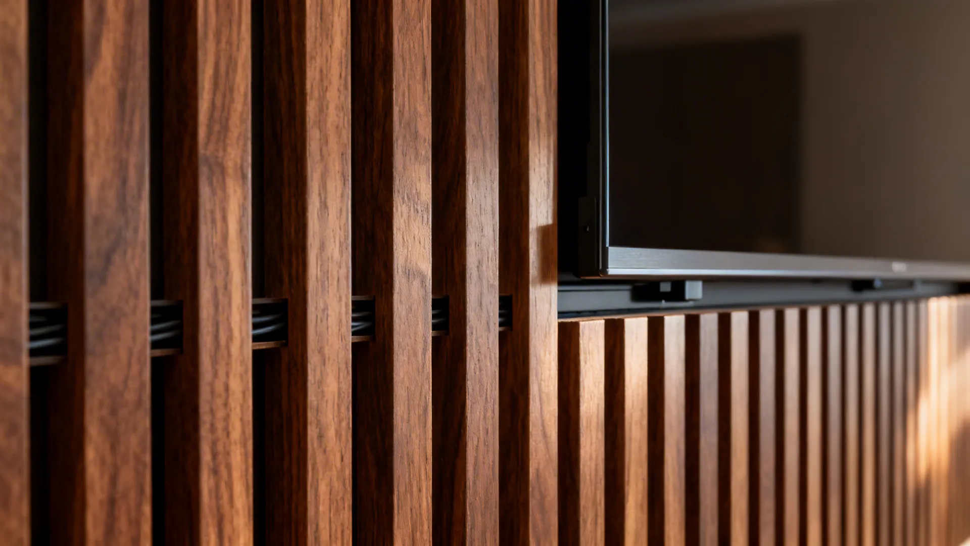 Macro of walnut slats showing concealed cable channel and precise spacing.