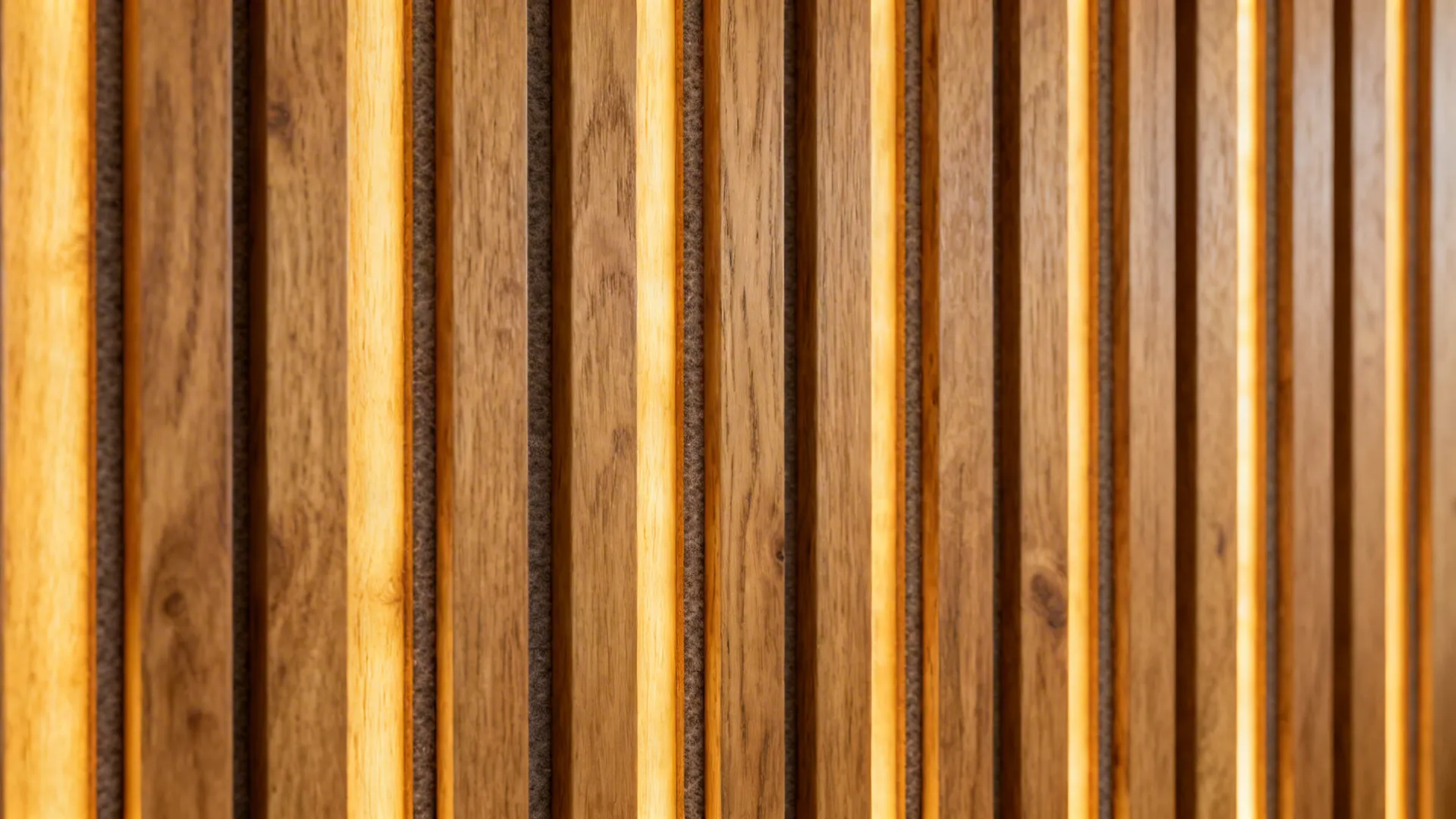 Macro of oak slats with even reveals, felt backing, and warm LED grazing light.