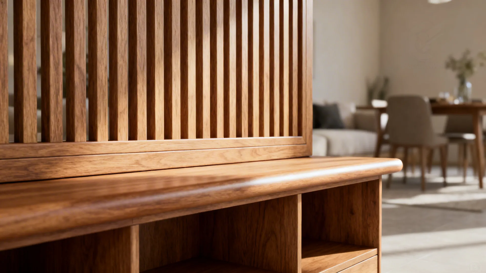 Close-up of oak slats on a storage bench showing grain and precise spacing.
