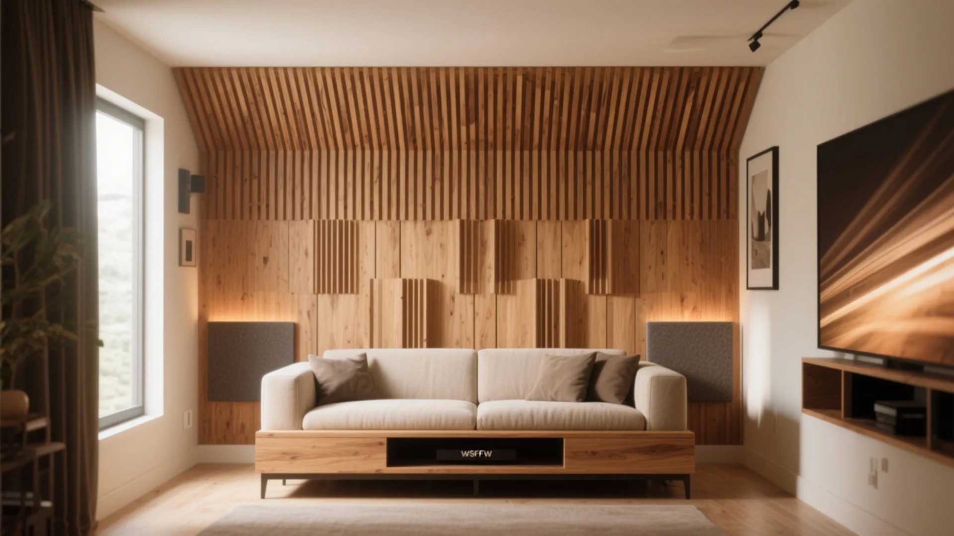 Small media room with an oak slat diffuser feature wall and absorbers at first reflections.
