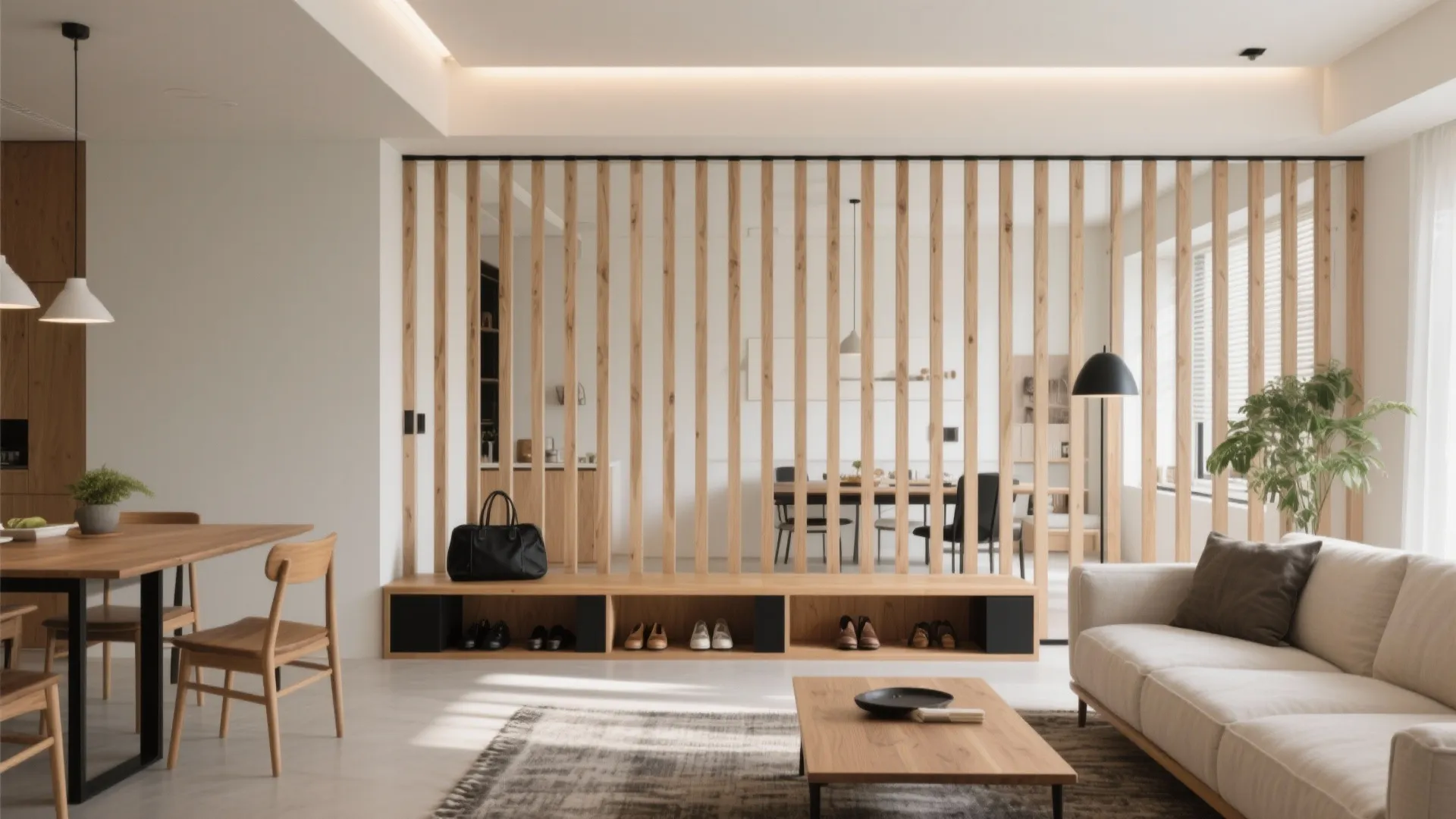 Slatted wood room divider with built-in storage