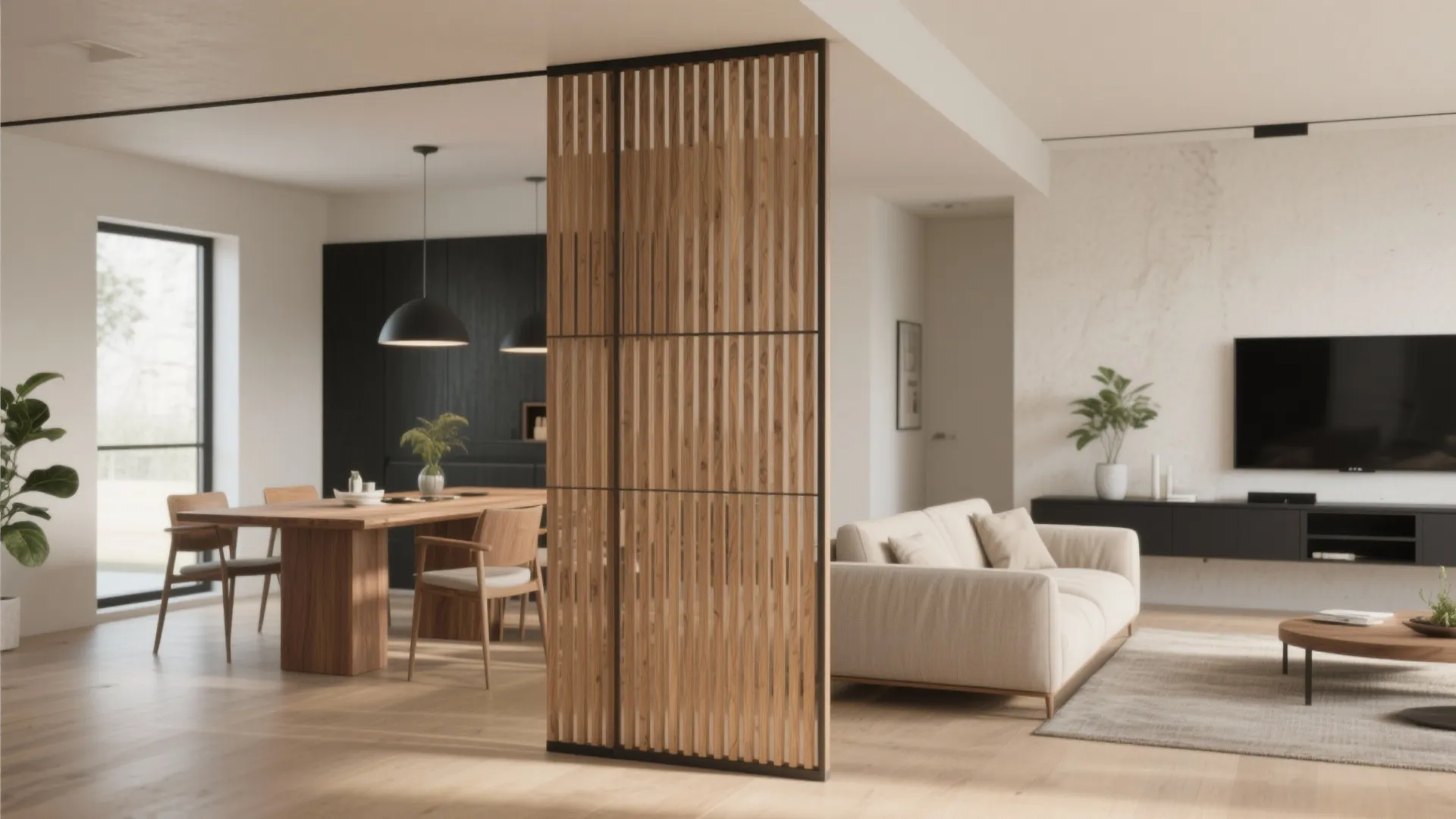 Wooden vertical slat wall divider separating a modern living room from a dining area space