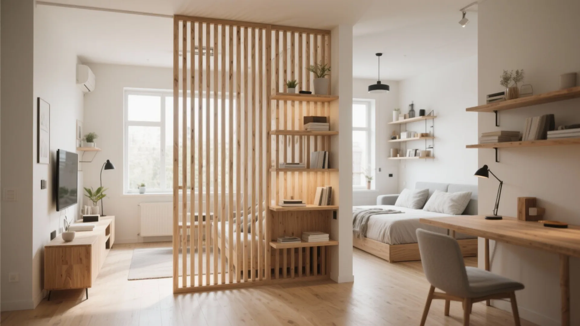 5. Slat Room Divider with Shelving