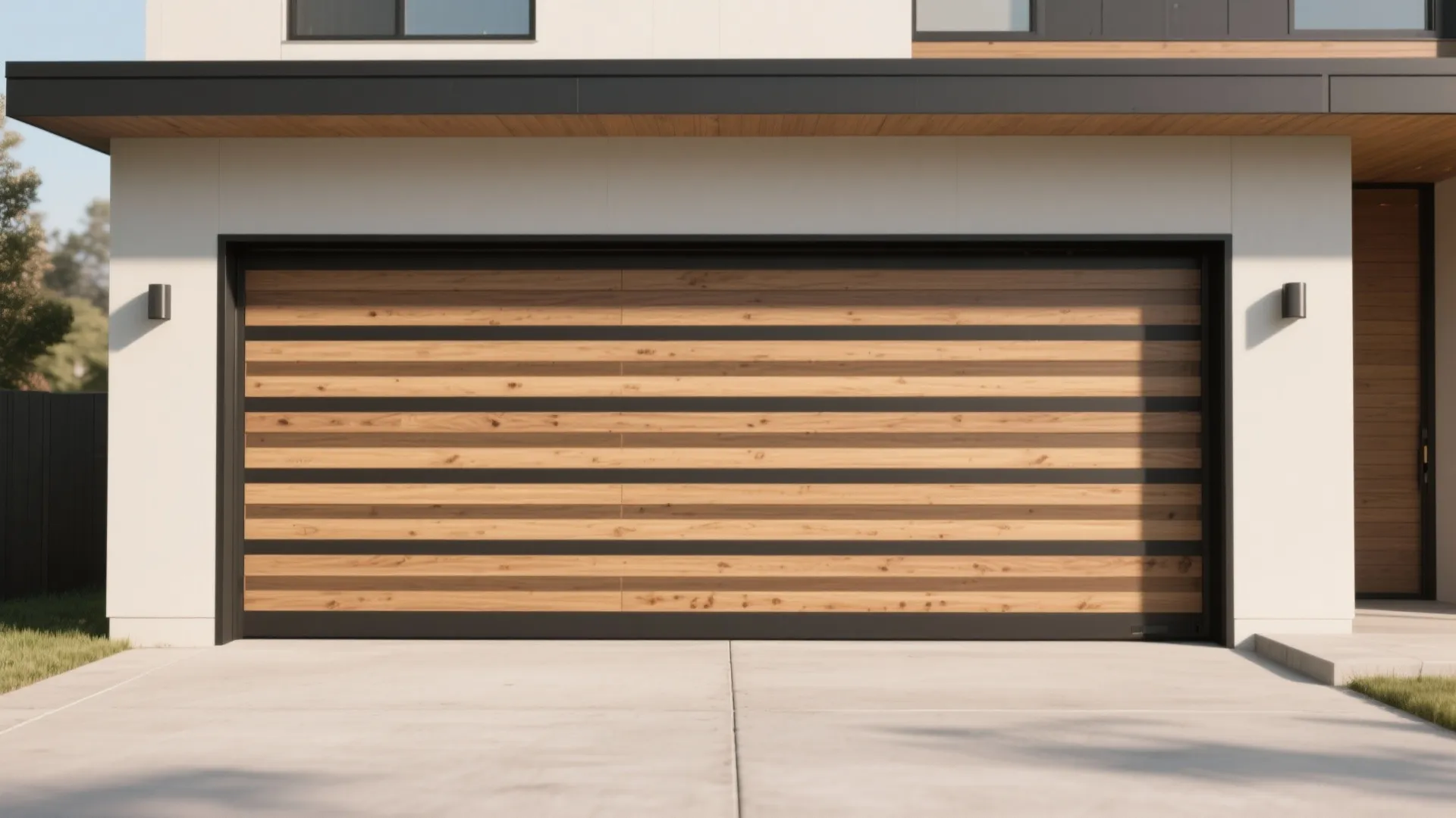 Modern wood garage door with black horizontal stripes set in a white wall with wall lights