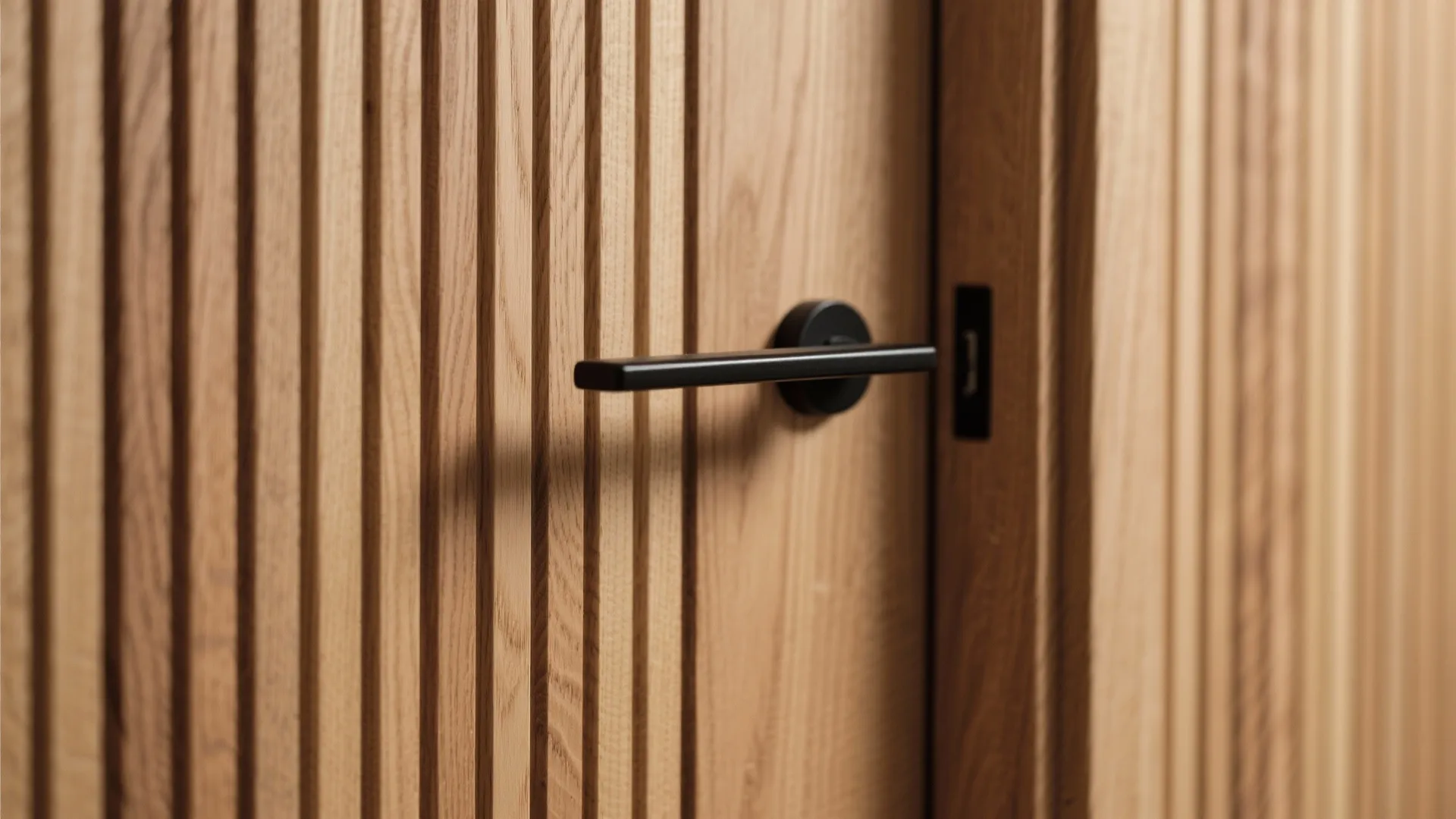 Close-up of oak slat wall with perfectly aligned hidden door seam and a slim black slot handle.