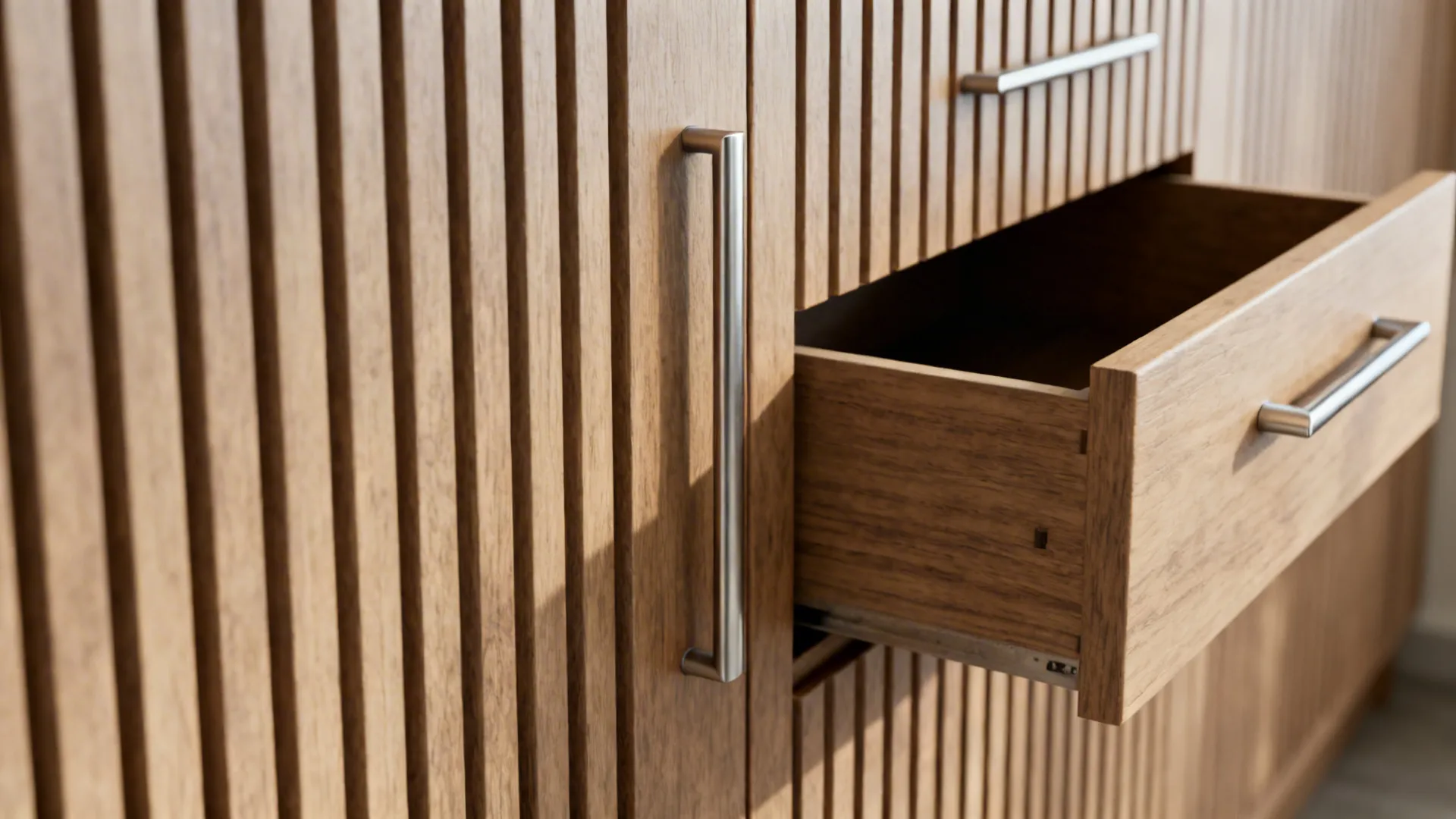Macro of a vertical slatted cabinet door and slim pull-out spice drawer in soft daylight.