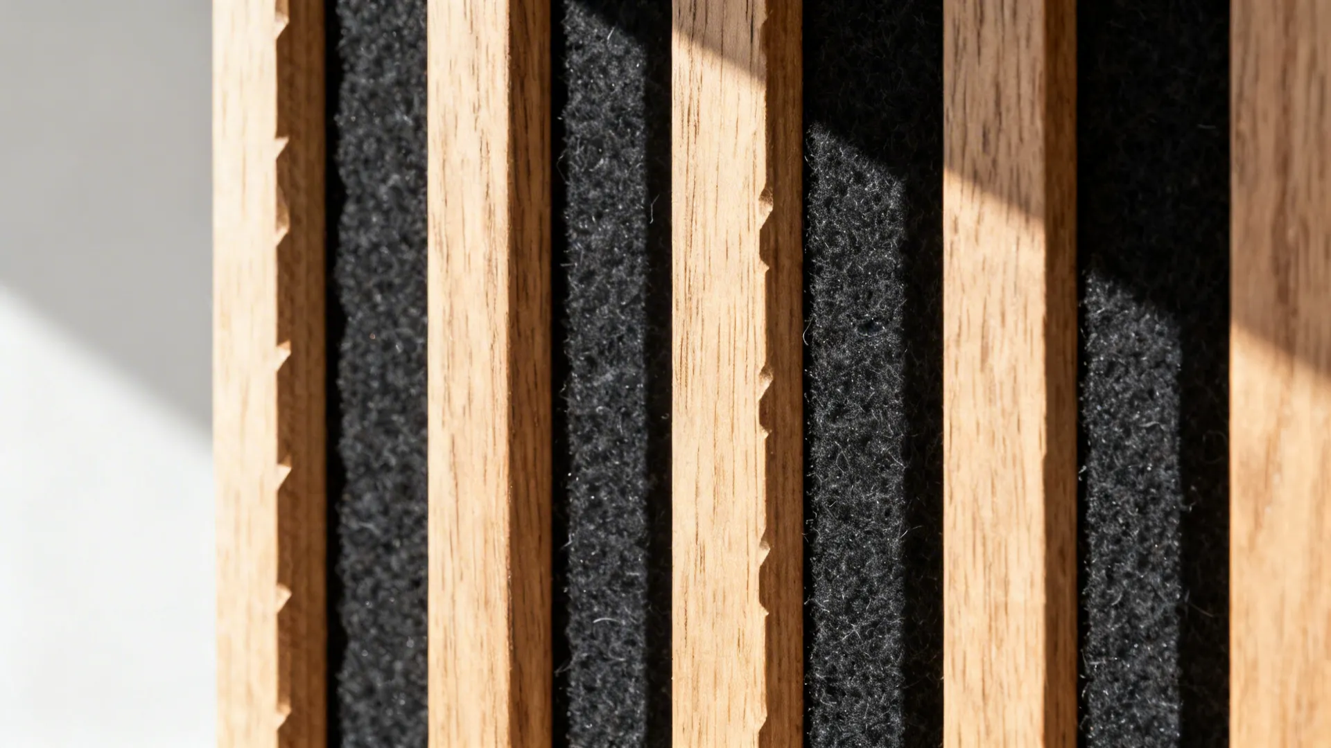 Close-up of oak slats with black felt backing showing crisp spacing and texture.