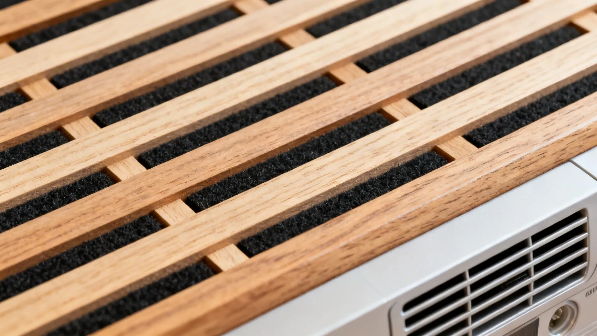 Close-up of oak slats over acoustic felt with clear spacing near a cassette AC trim.