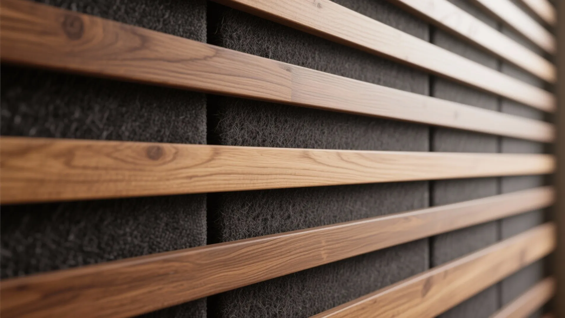 Close up view of horizontal wood wall panel slats with grey felt backing for decoration