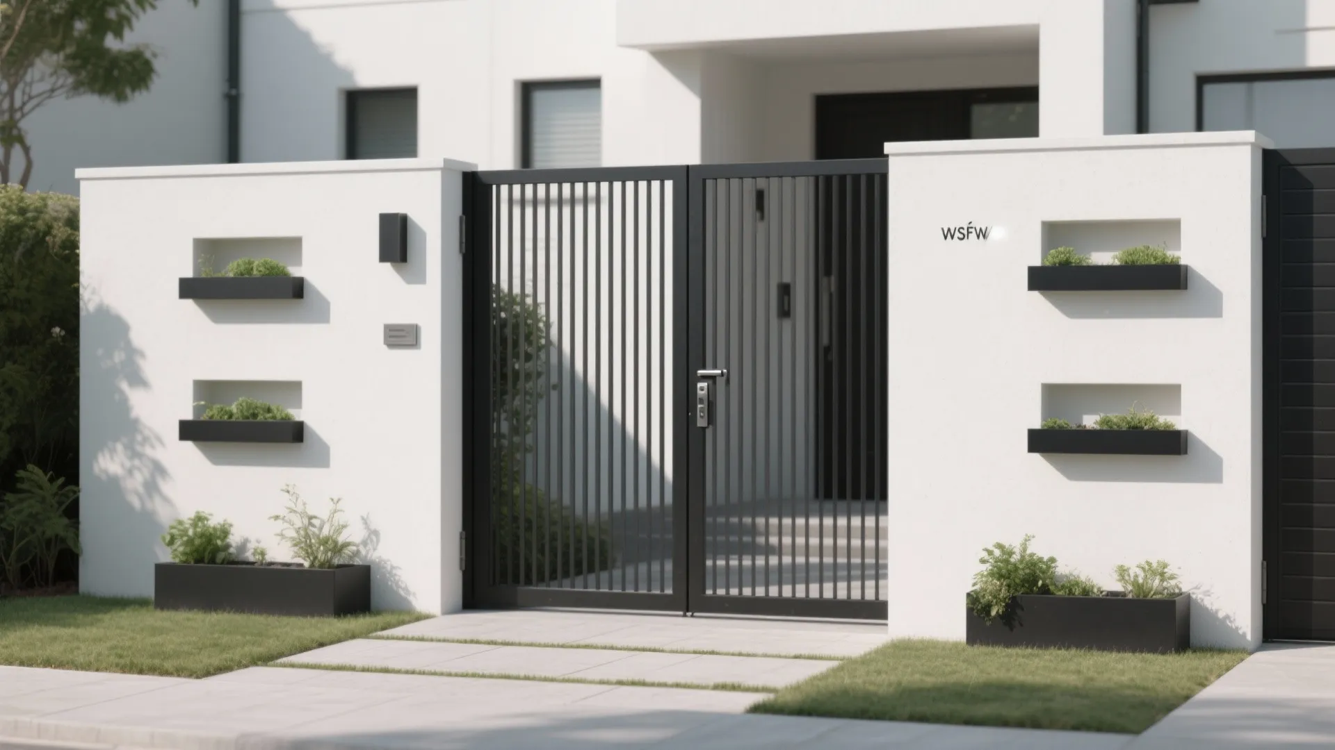 Minimalist Slatted Metal Gate with Integrated Wall Niches