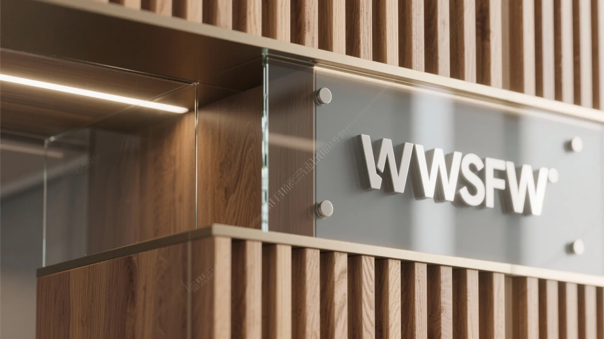 Close up of wooden wall panel with integrated light fixture and glass shelf displaying sign