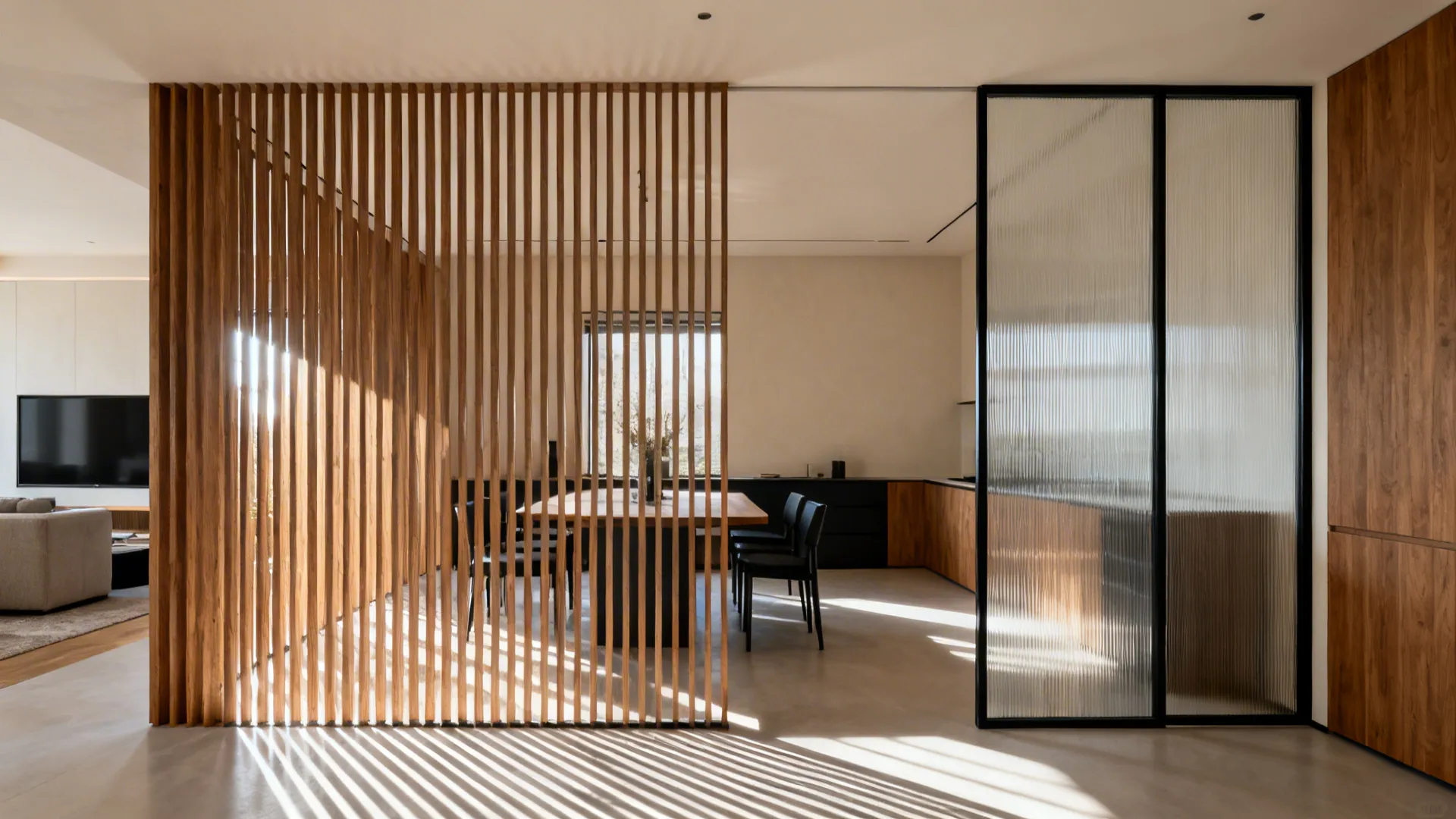 Oak slatted screen and reeded glass partition softly divide dining and living zones.