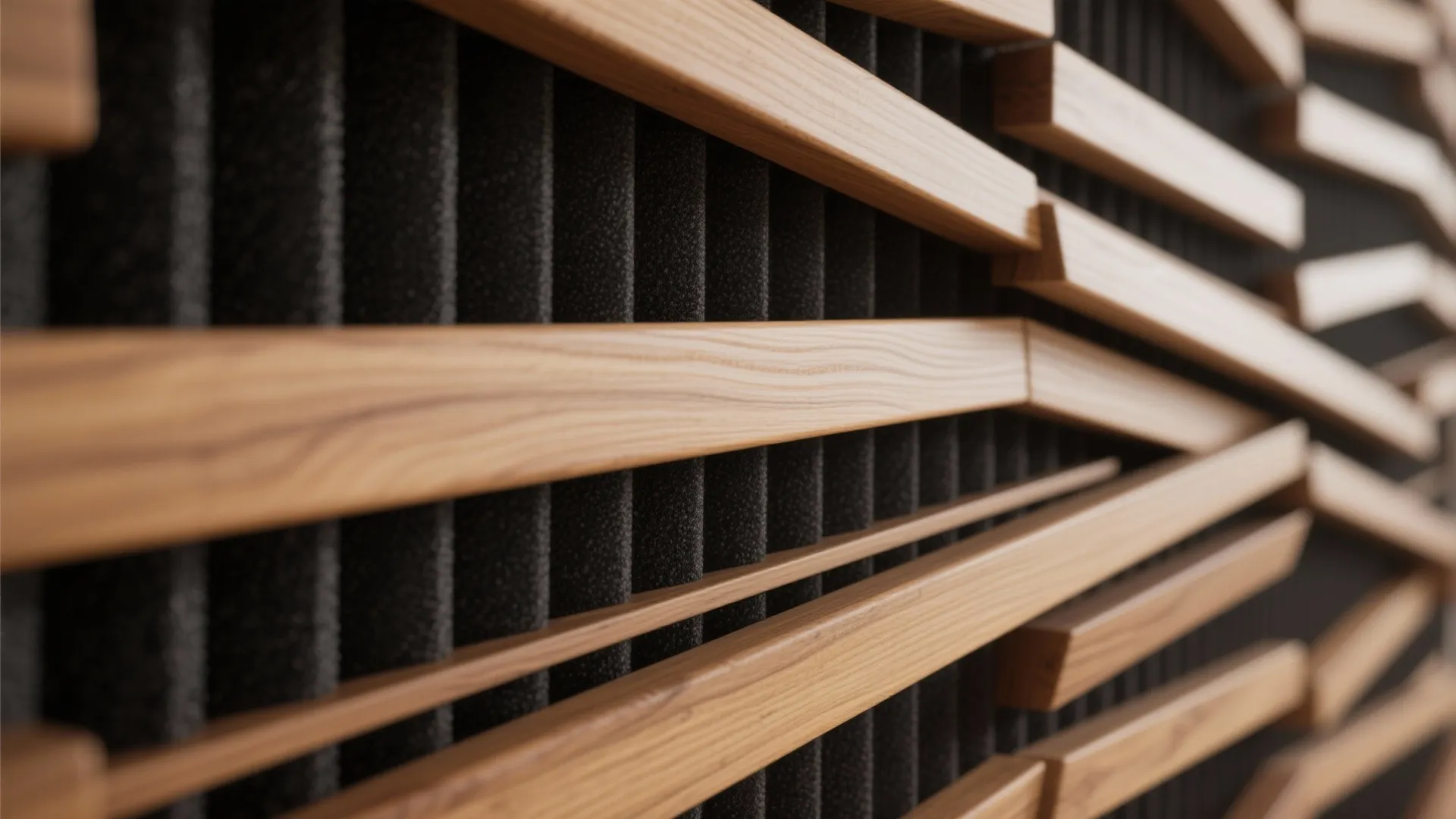 Macro detail of oak slat panels with crisp grain and acoustic felt backing under soft daylight.