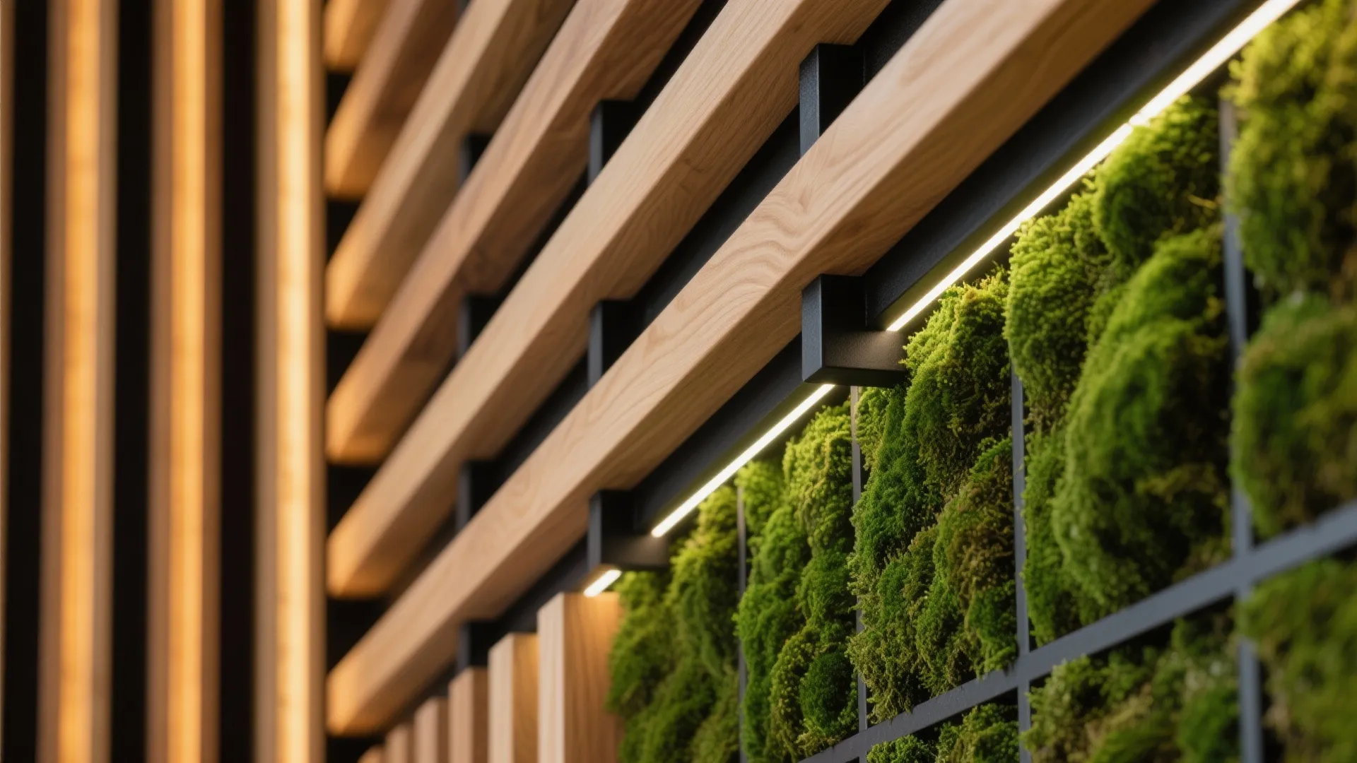 Biophilic slat and green walls