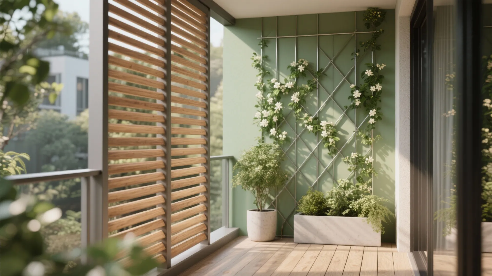 Layered Privacy with Slatted Screens and Green Walls