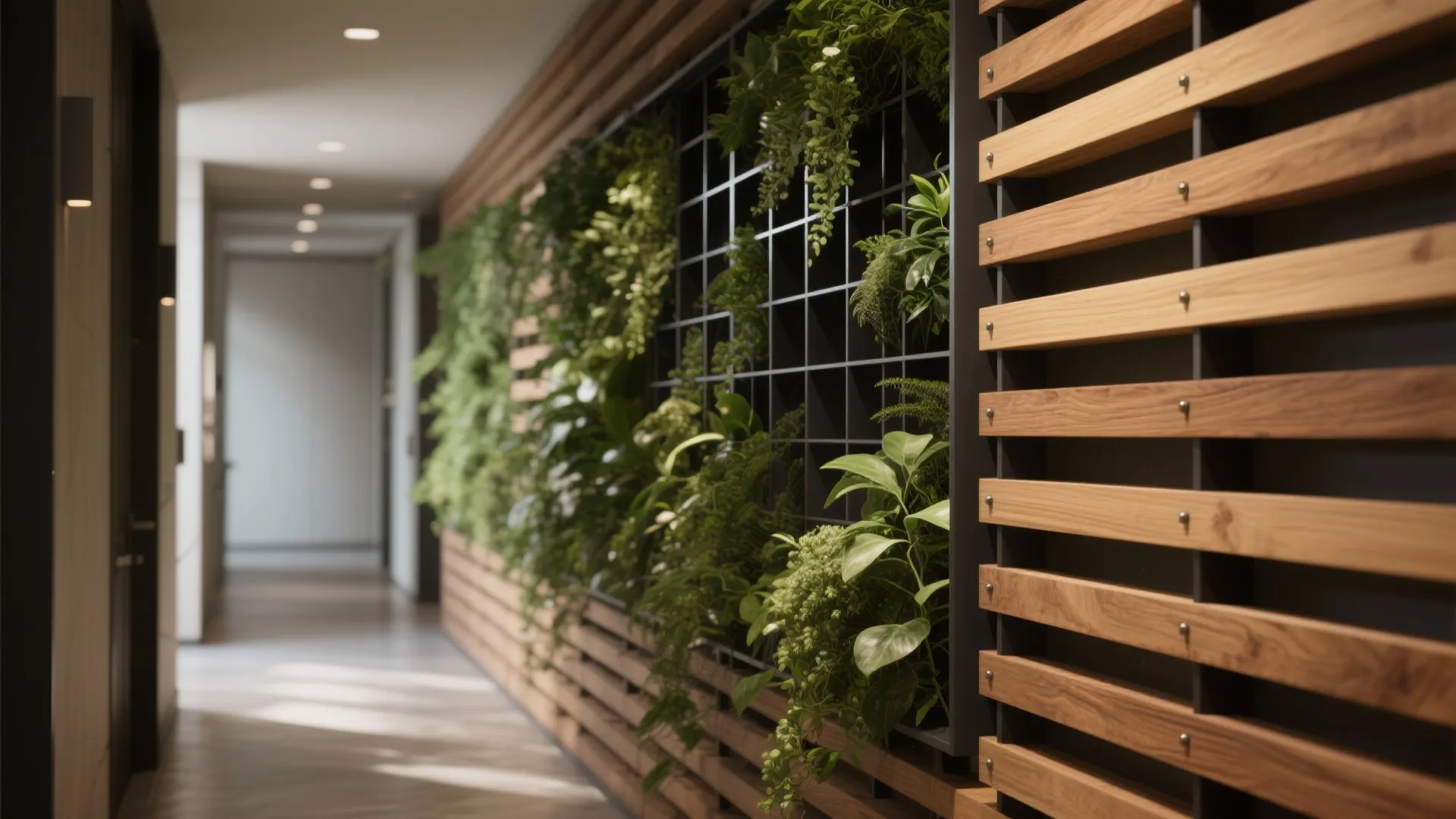 5) Mixed-Material Feature Wall: Wood Slats + Metal Grid + Greenery