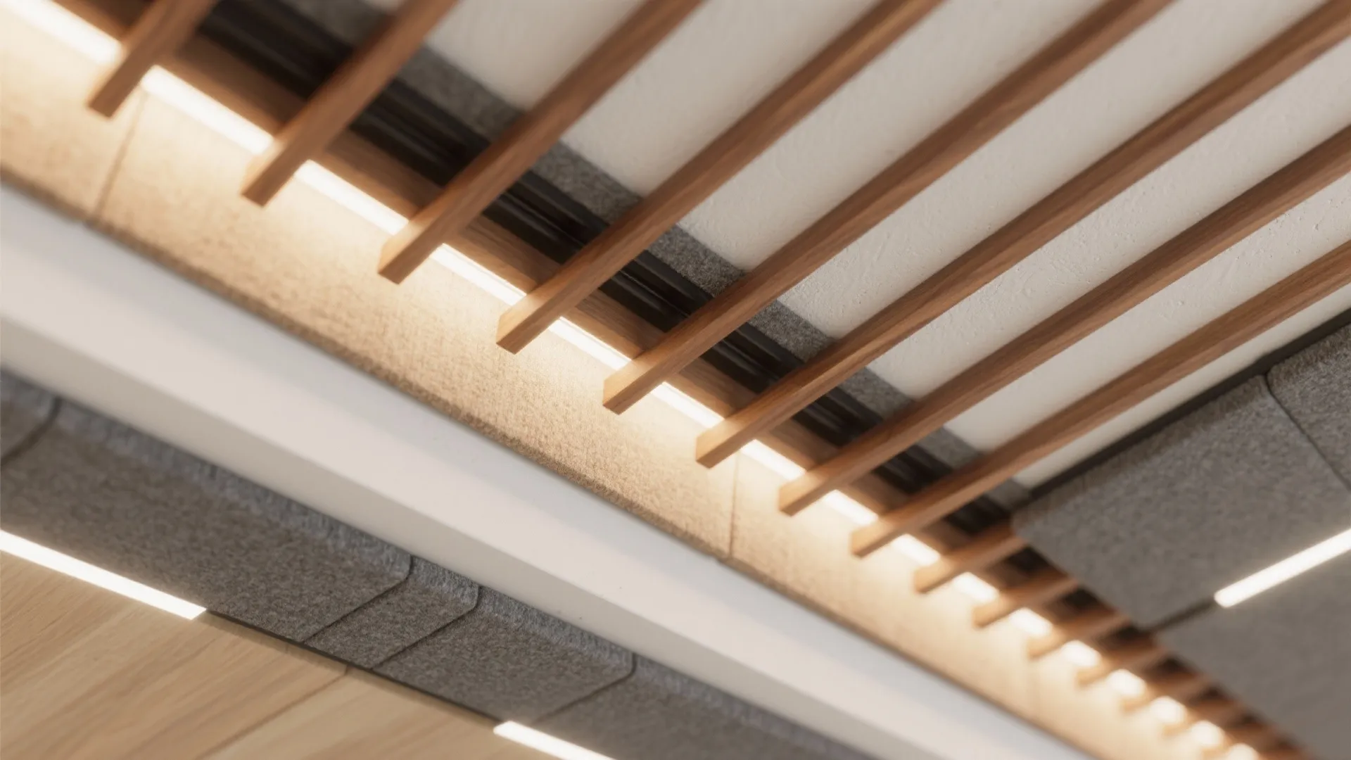 Close up of wooden ceiling slats with integrated light strips and grey acoustic wall panels
