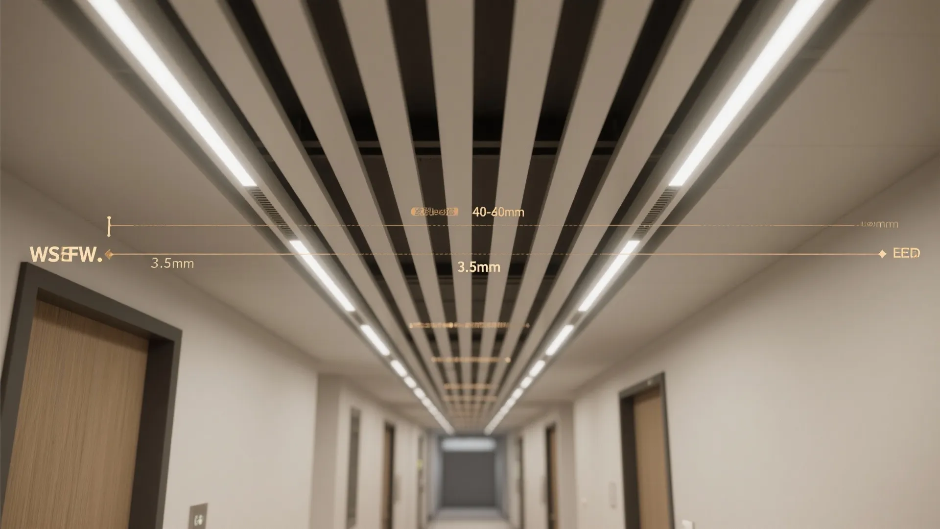 Top-down view mapping linear PVC slat ceiling layout with LED strips and reveals.
