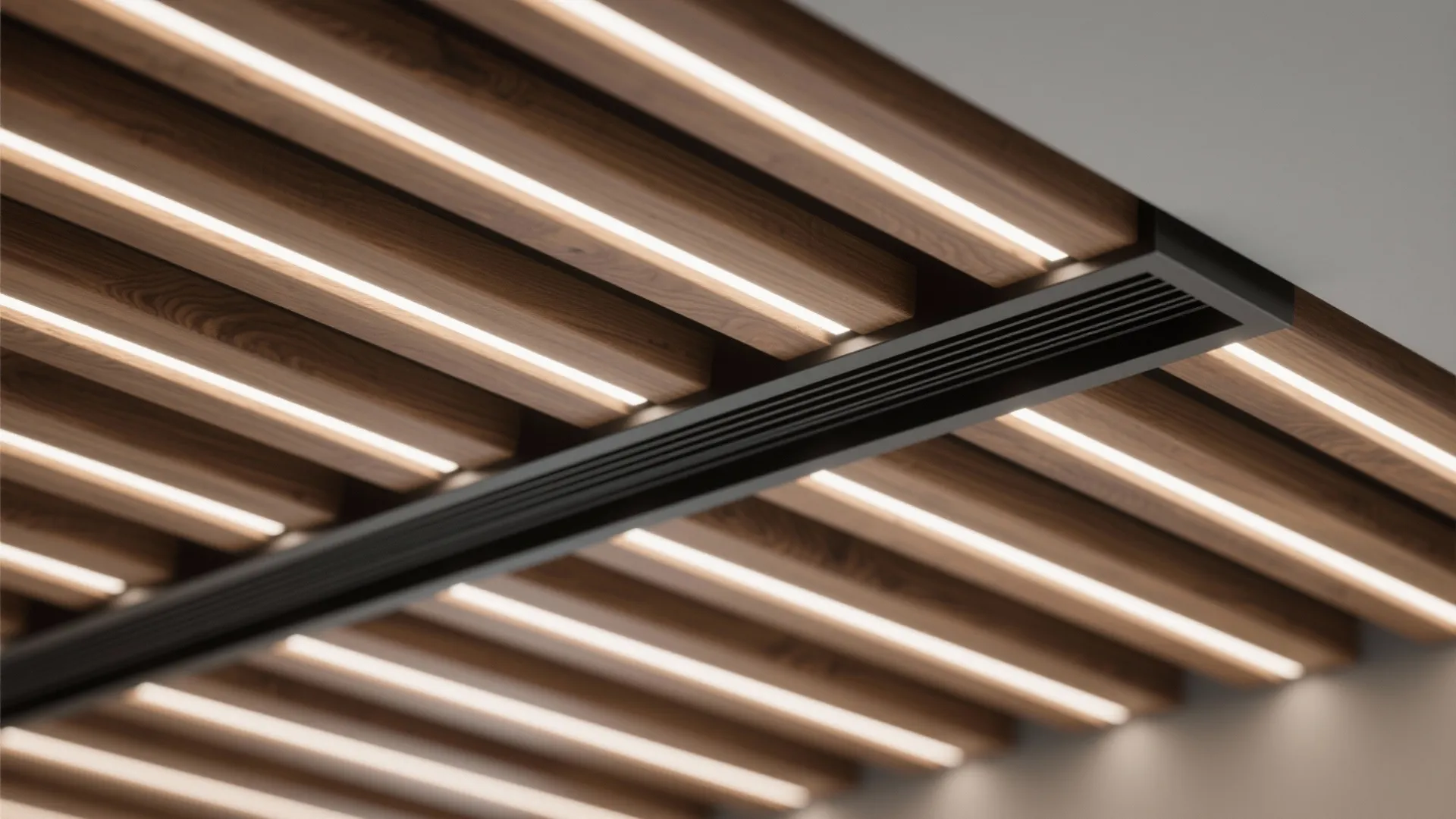 Macro of wood slats with integrated LED channel and discreet HVAC grille.