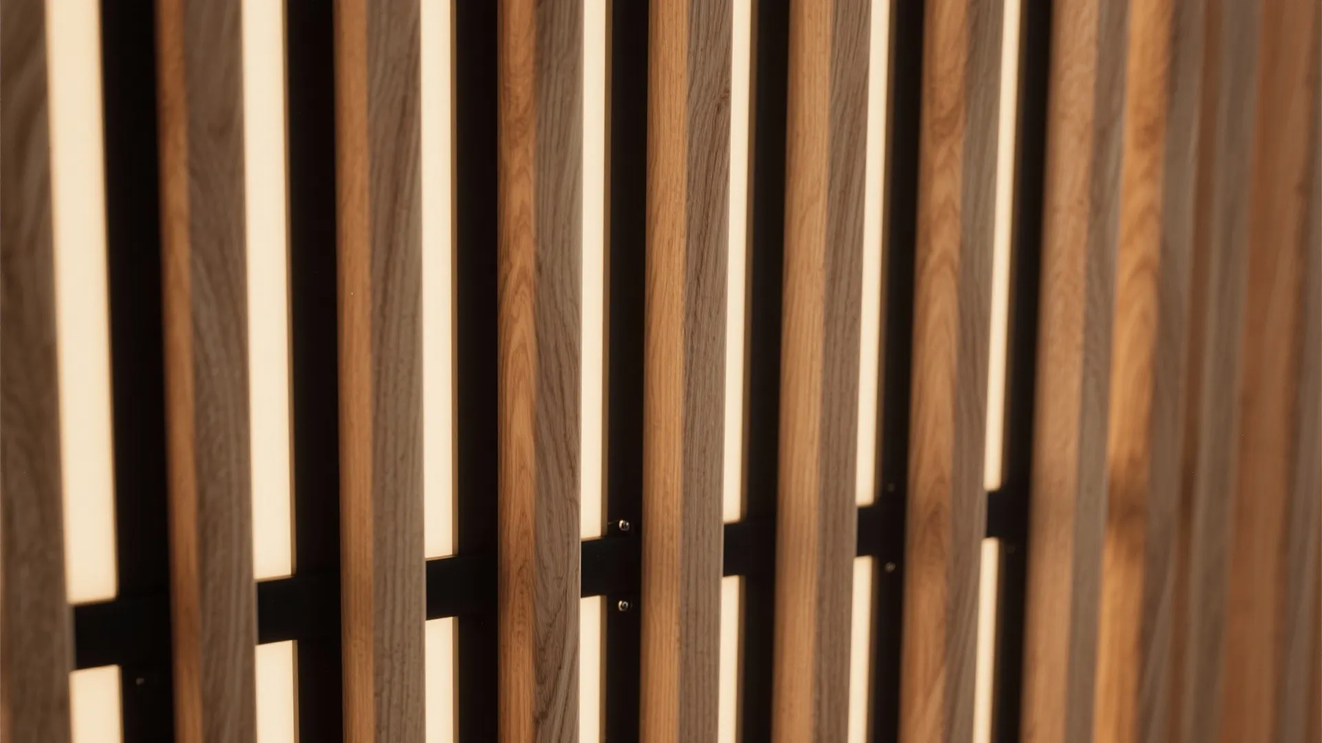 Slatted wood media wall with warm texture and gentle LED