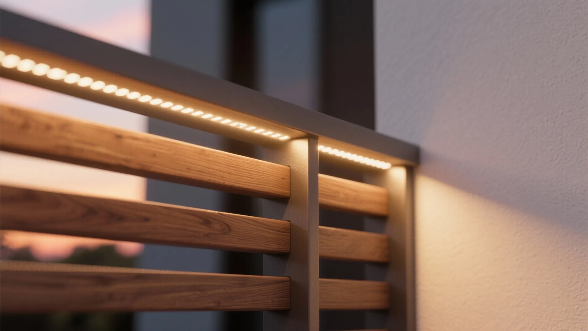 Stair as feature wall: wood slats and warm lighting