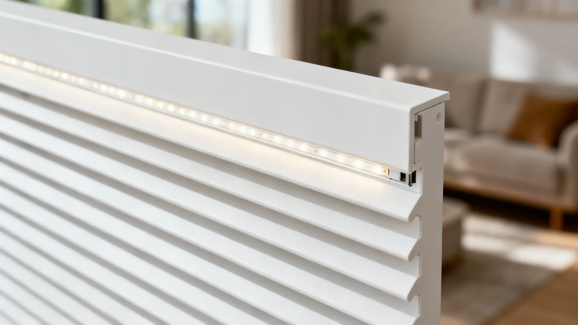 Close-up of matte white PVC slats with integrated LED tape and clean spacing.