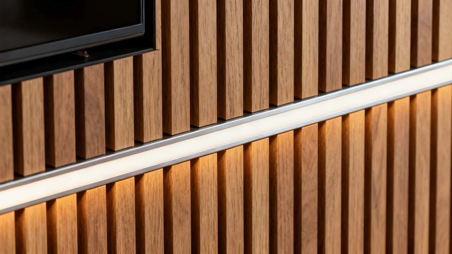 Macro of wood slats with an opal-diffused LED channel integrated between them.