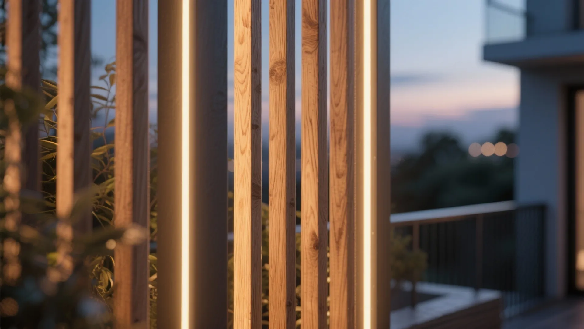 Close up of vertical wooden wall panels with built in led light strips on a balcony