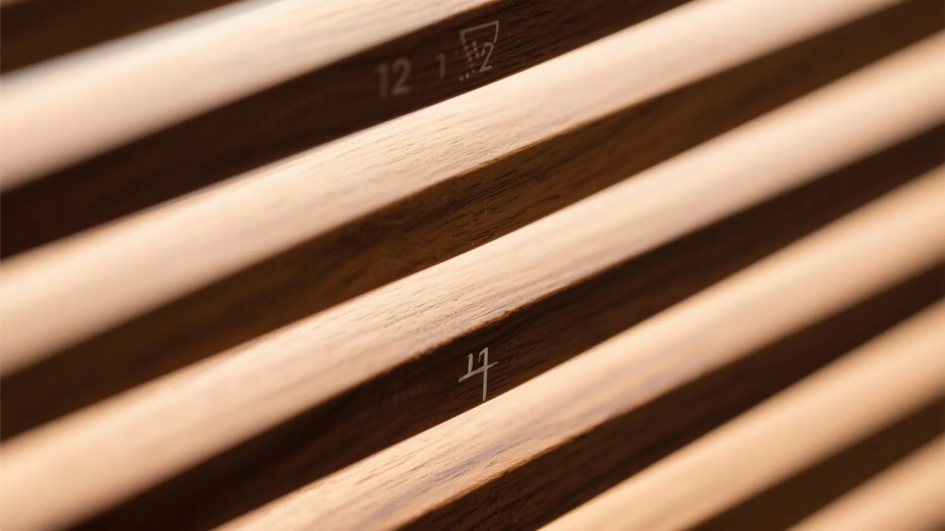 Macro view of brown wooden wall panel slats with white printed numbers and icons for detail