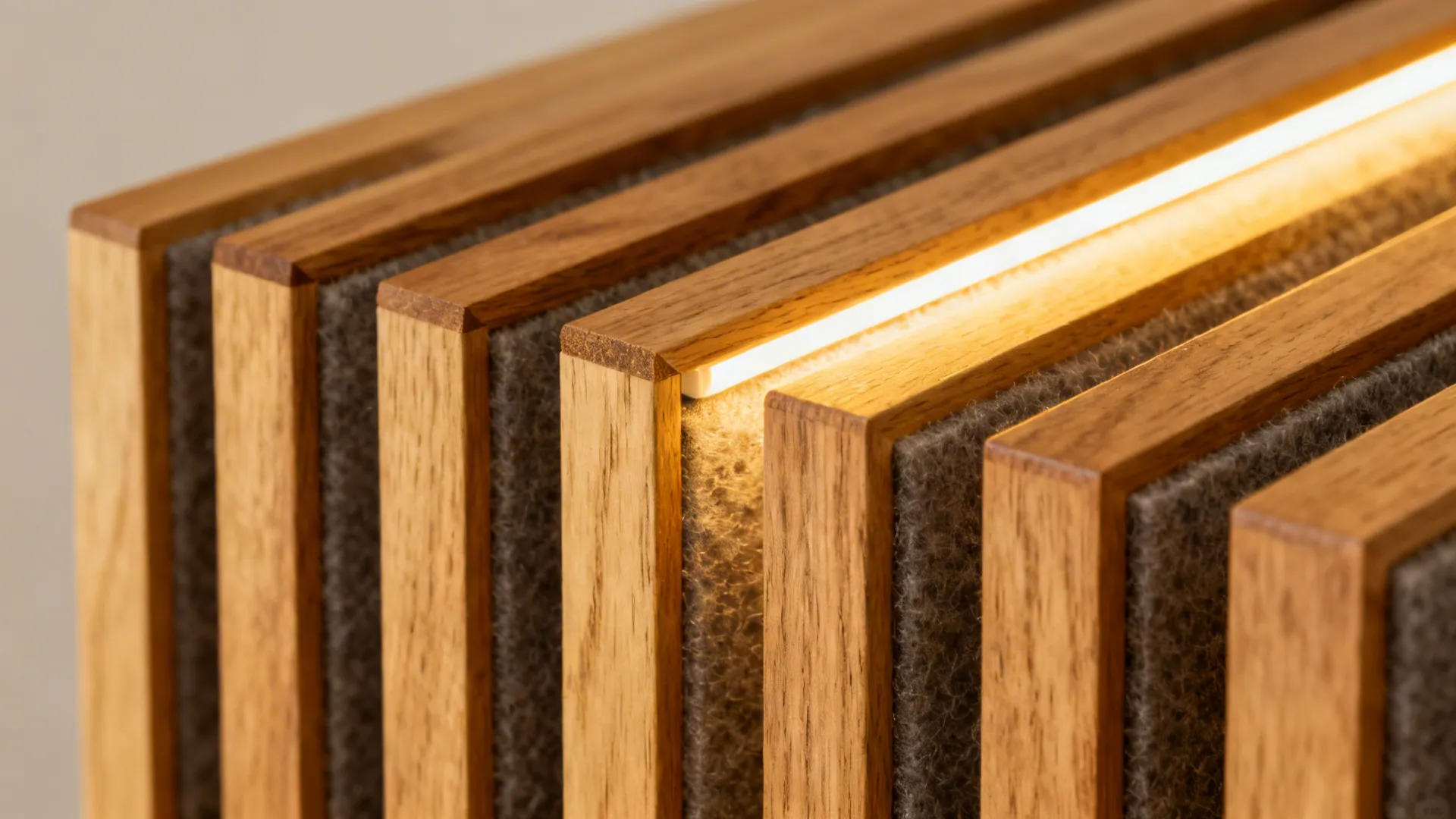 Macro of oak slat with acoustic felt and concealed LED strip emitting a warm glow.