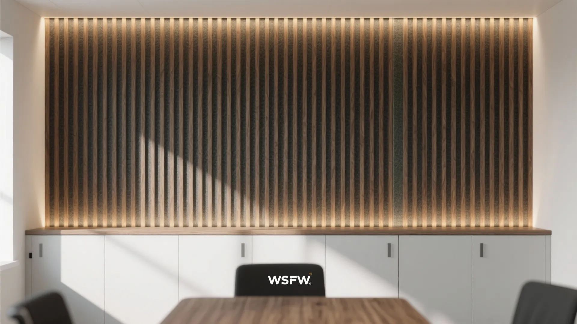 Idea 1: Acoustic slat wall with warm LED reveals
